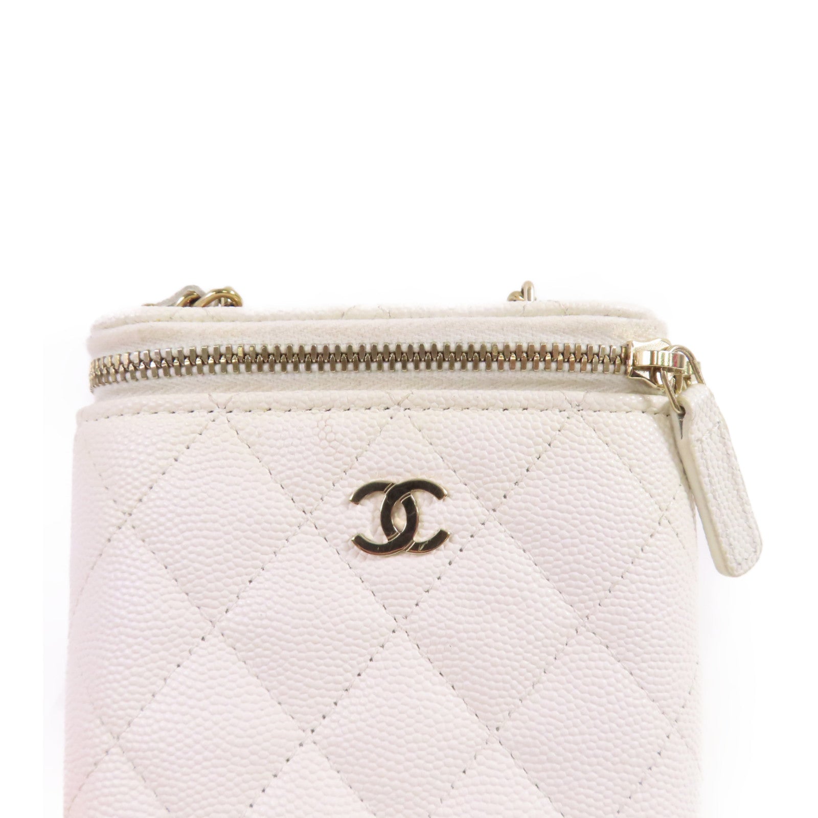 CHANEL 牛皮皮革Vanity Case Chain Shoulder Bag金扣鏈帶肩背袋白色