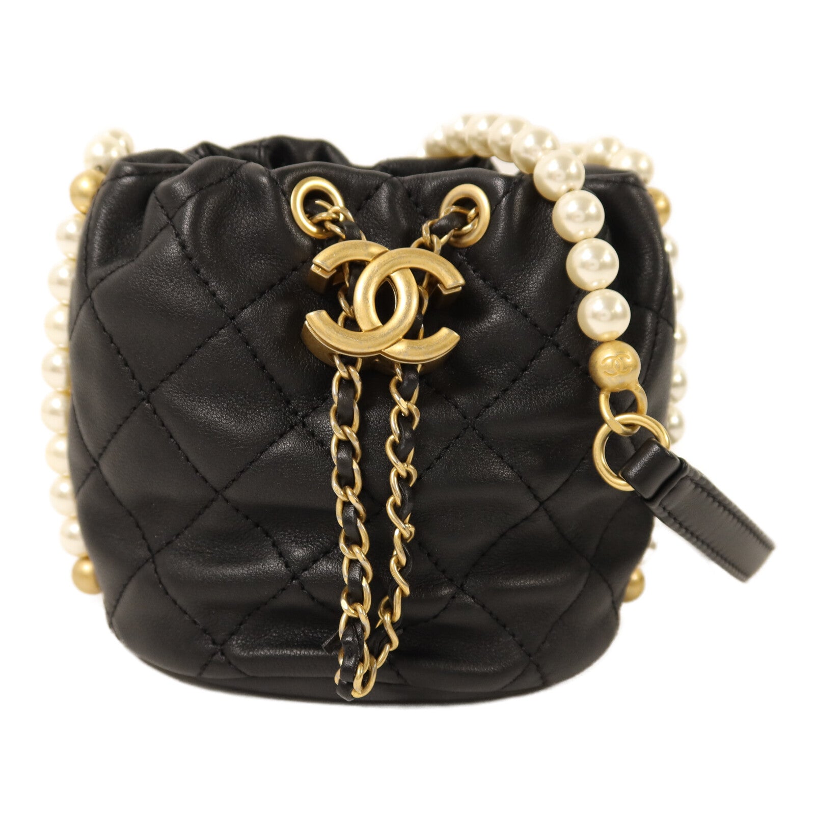 CHANEL 【激減優惠】牛皮皮革Mini Pearl Bucket Bag金扣肩背袋