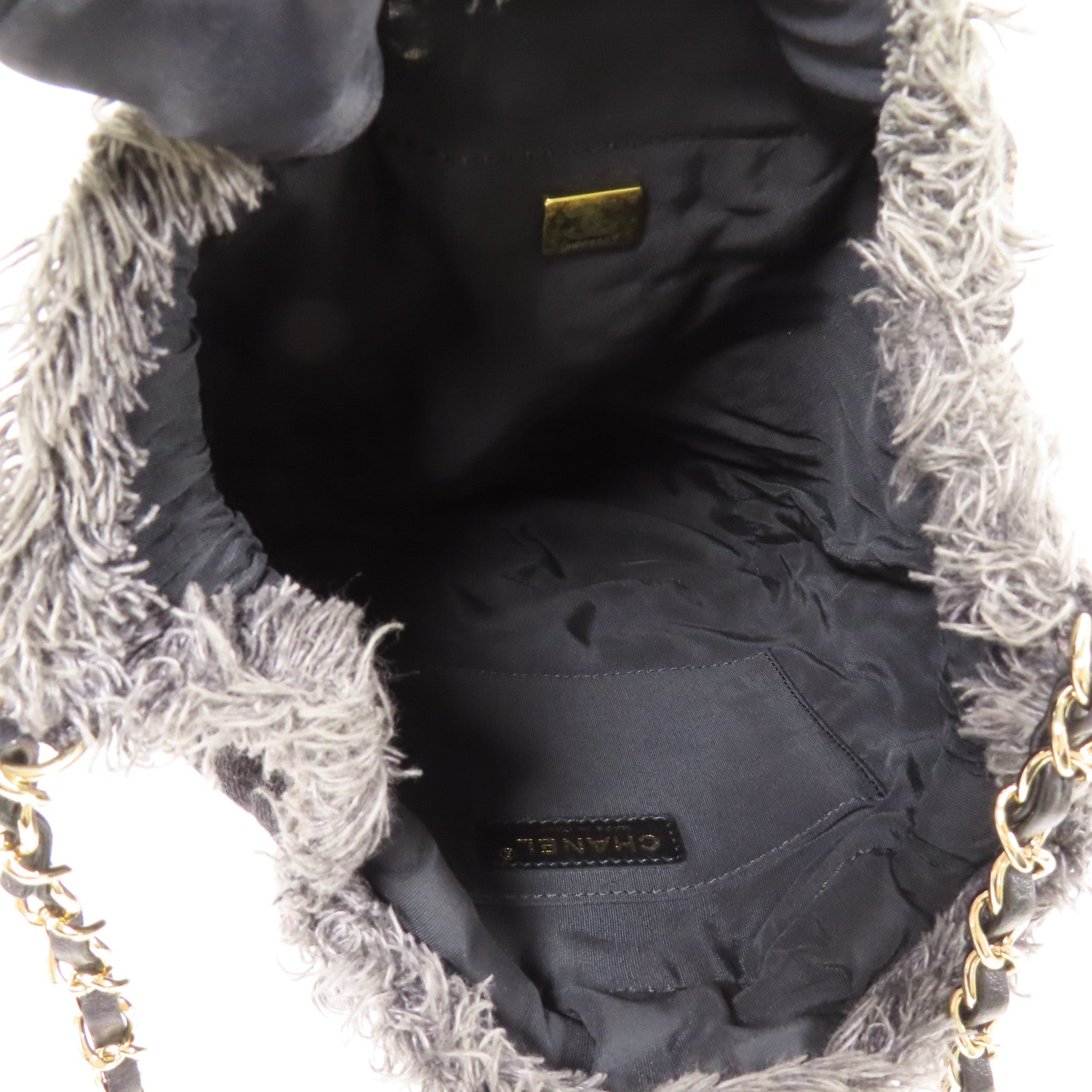 CHANEL 牛仔布Bucket Bag銀扣鏈帶肩背袋