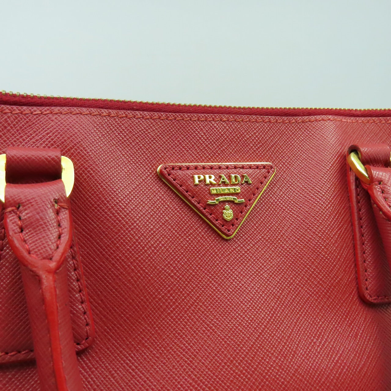 PRADA 【激減優惠】Saffiano皮革Hand Bag金扣手挽袋紅色