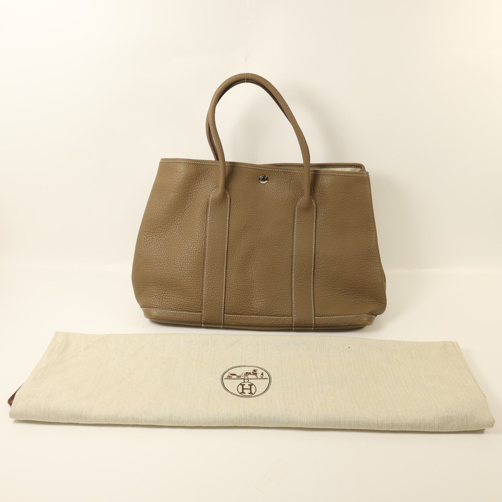 HERMES Clemence皮革Garden Party PM銀扣手挽袋Etoupe