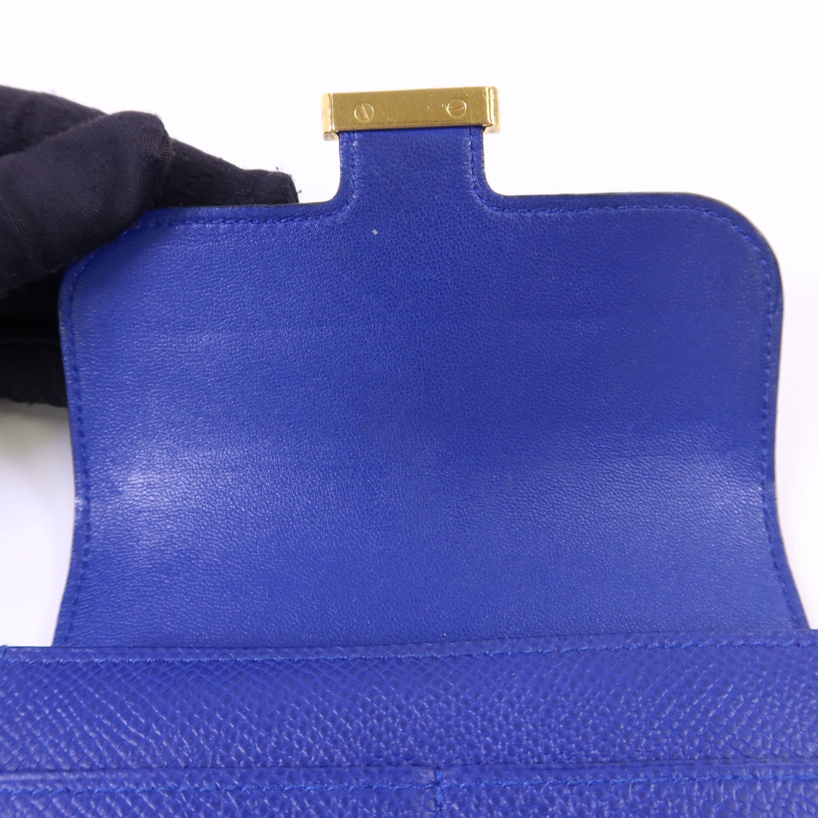 HERMES Epsom皮革Constance金扣錢包Bleu Electrique