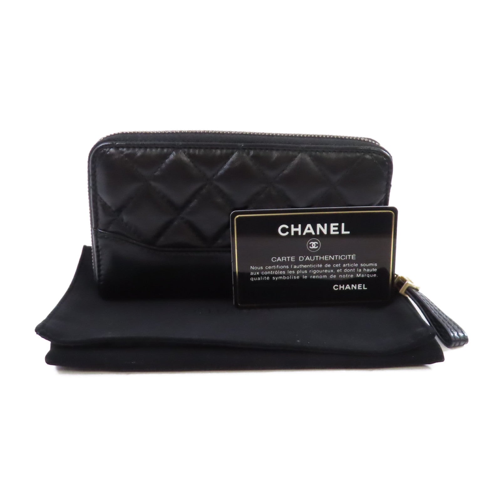 CHANEL 羊皮皮革Zipper Wallet金扣短錢包黑色