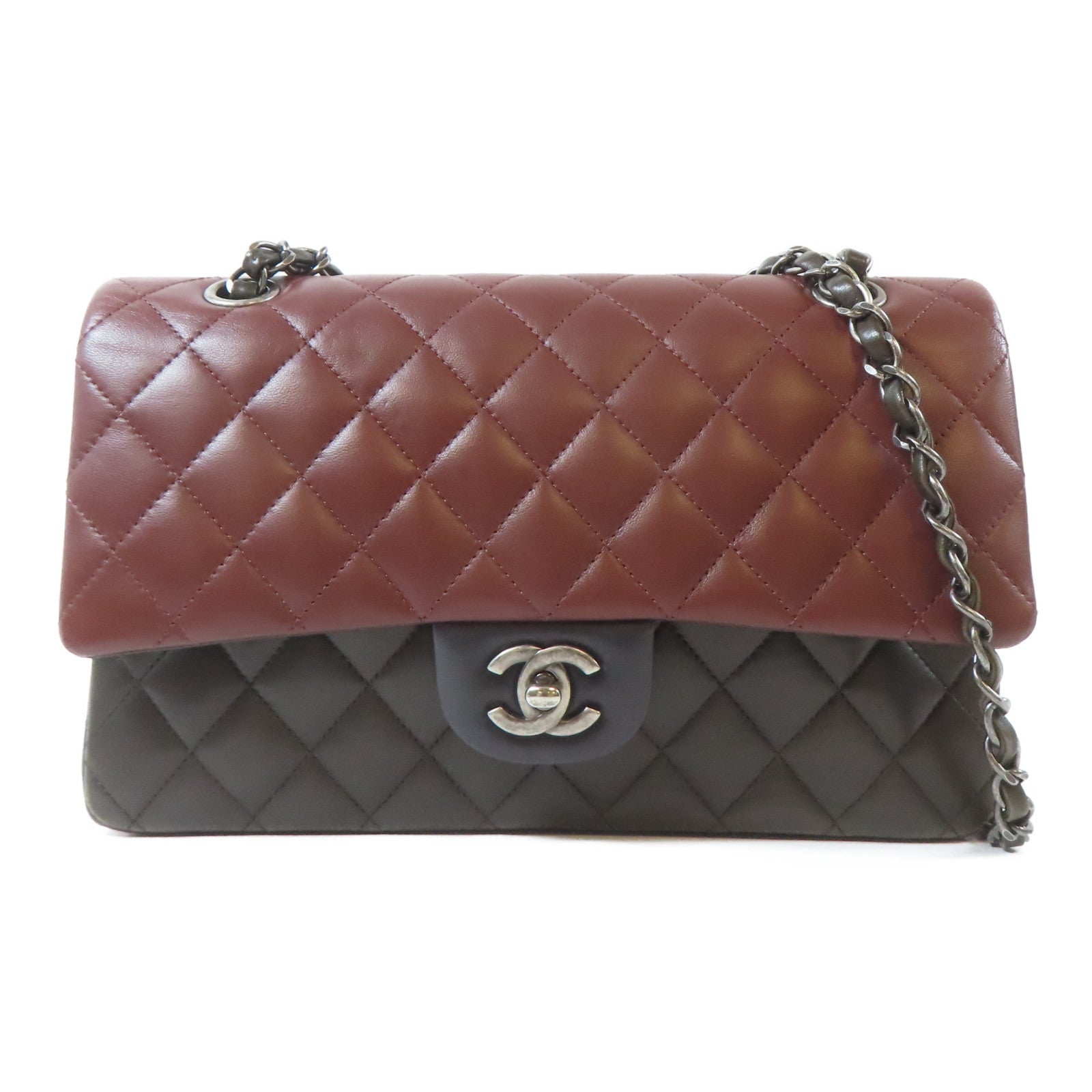 CHANEL 【激減優惠】菱格羊皮皮革Classic Double Flap Bag銀扣鏈帶肩背袋黑色/啡紅色