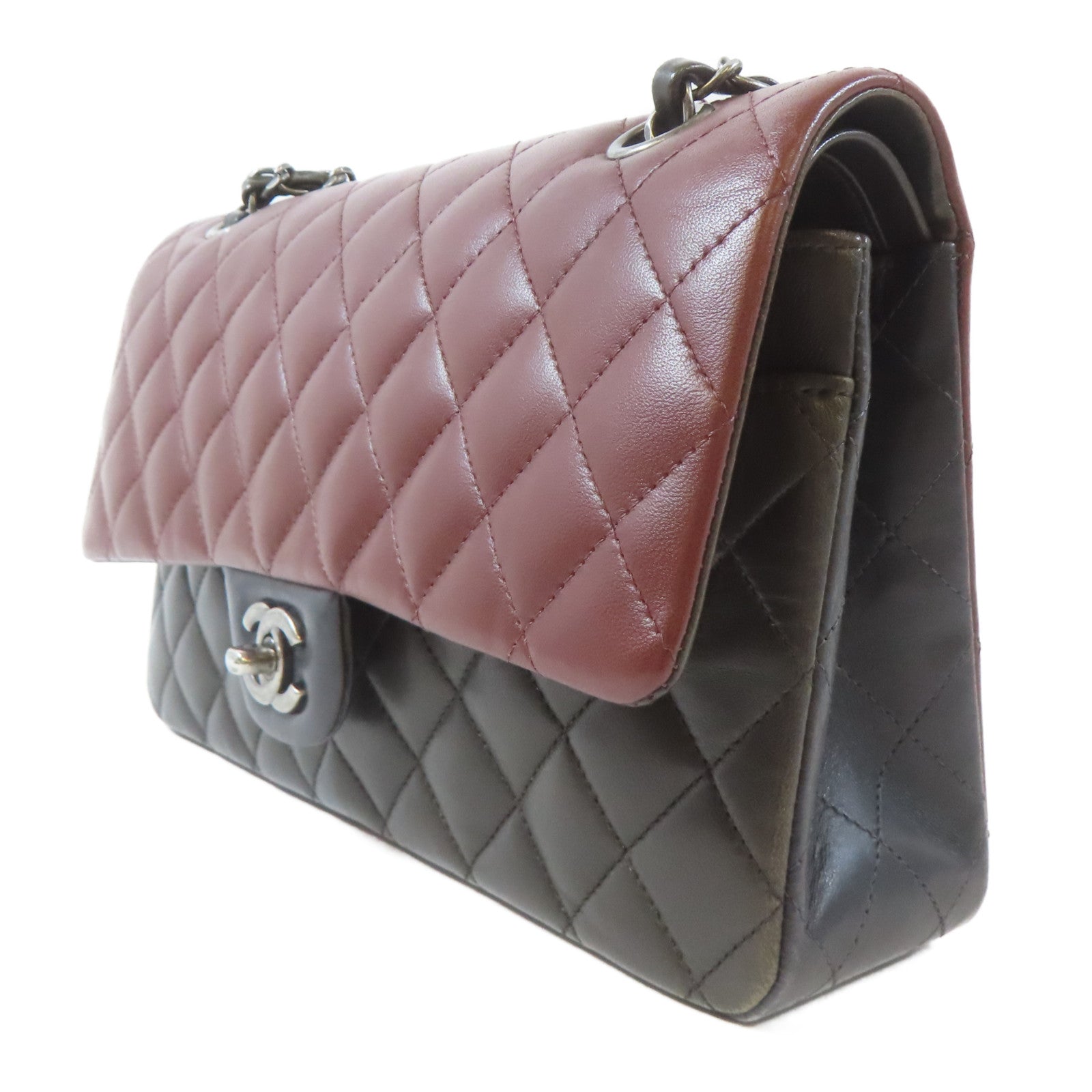 CHANEL 【激減優惠】菱格羊皮皮革Classic Double Flap Bag銀扣鏈帶肩背袋黑色/啡紅色