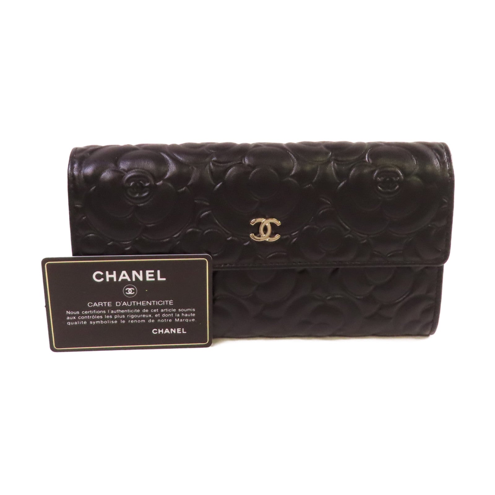 CHANEL 羊皮皮革Camellia Long Wallet金扣長錢包黑色
