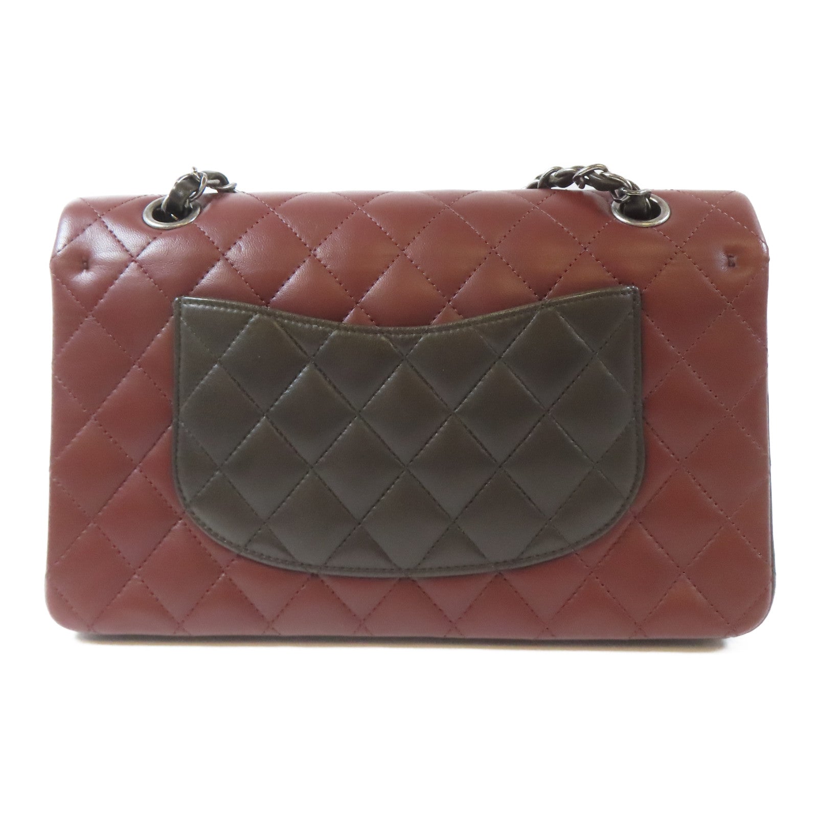CHANEL 【激減優惠】菱格羊皮皮革Classic Double Flap Bag銀扣鏈帶肩背袋黑色/啡紅色