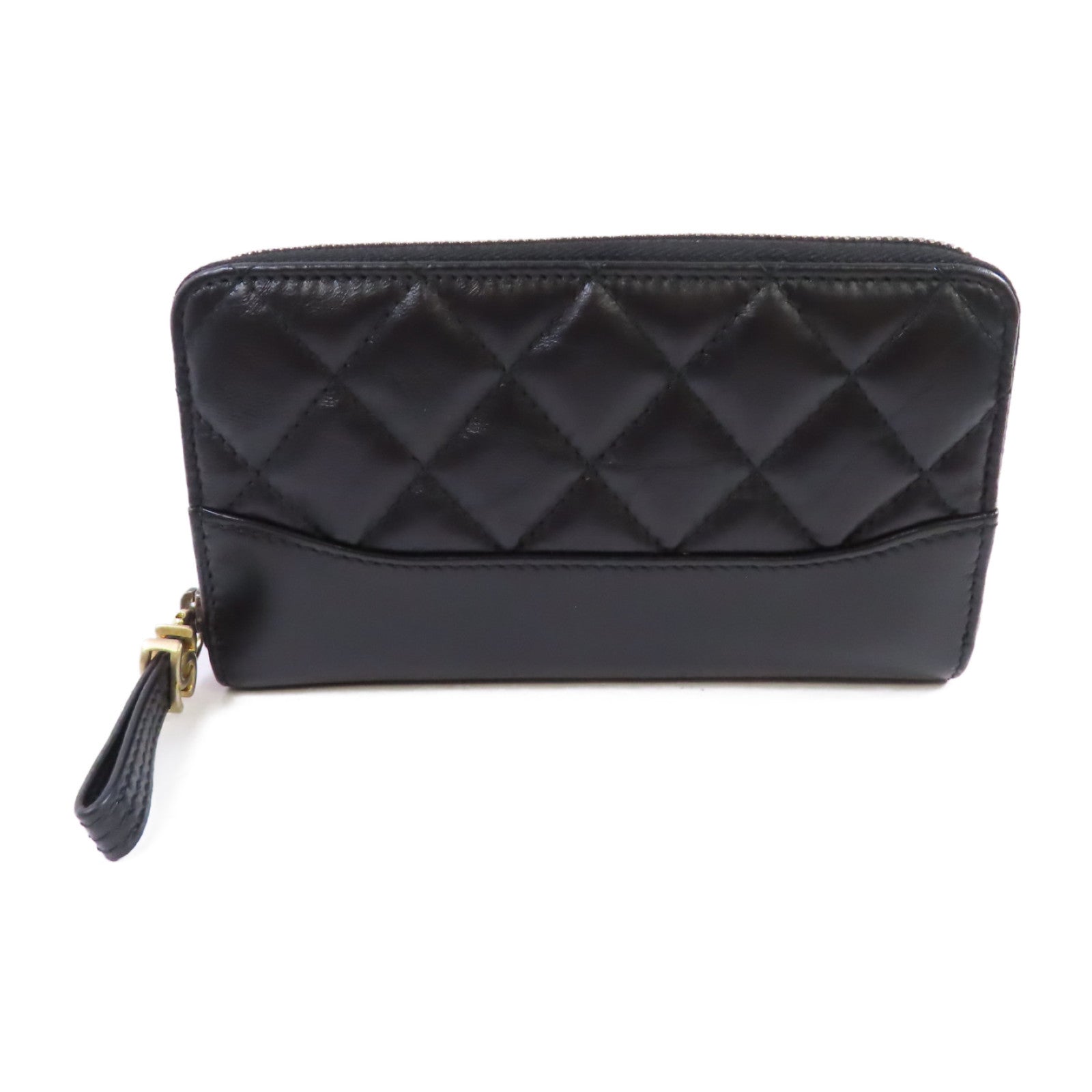 CHANEL 羊皮皮革Zipper Wallet金扣短錢包黑色