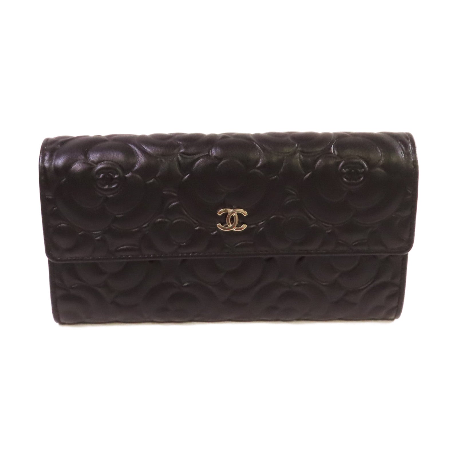 CHANEL 羊皮皮革Camellia Long Wallet金扣長錢包黑色