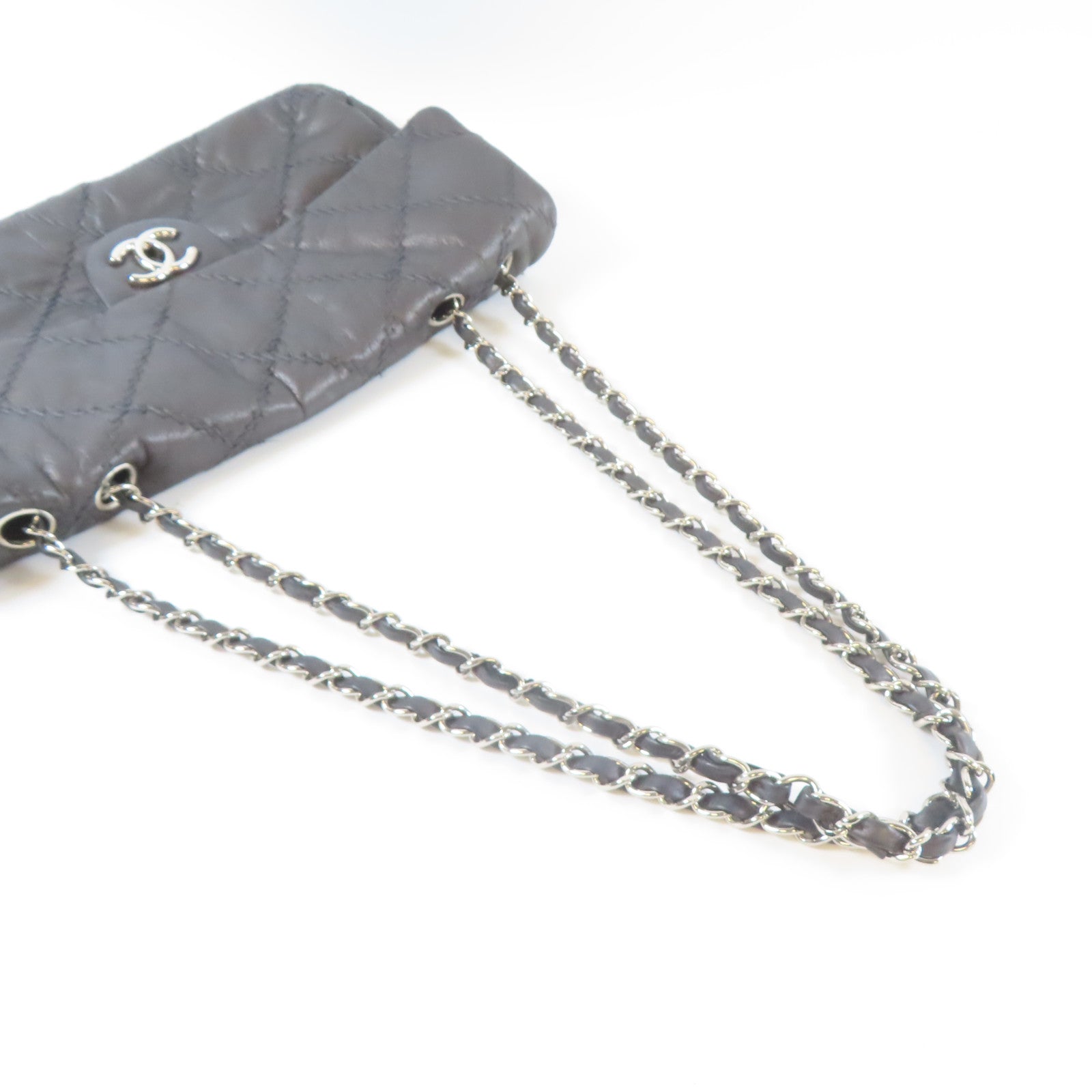 CHANEL 【激減優惠】菱格牛皮皮革Chain Shoulder銀扣鏈帶肩背袋灰色