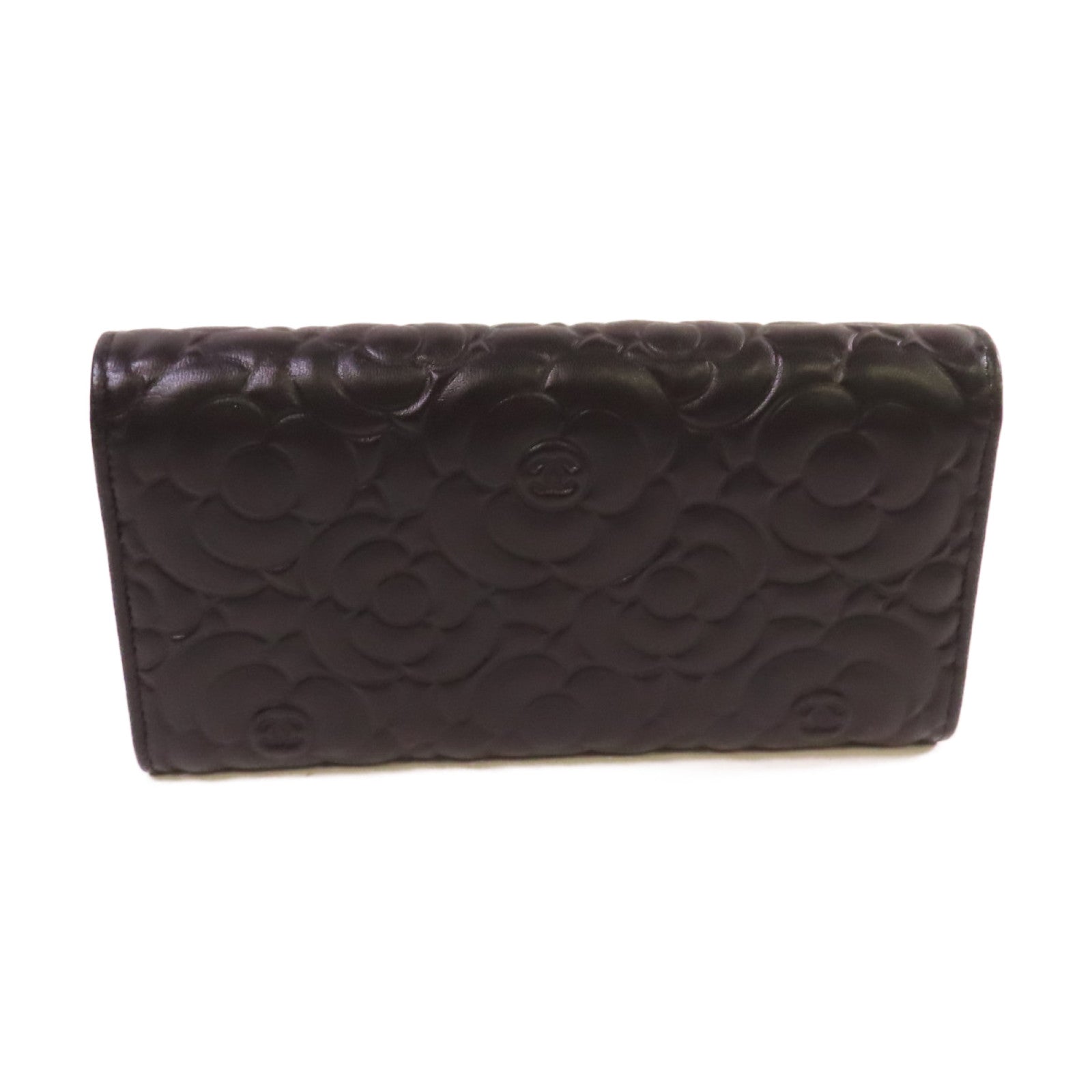 CHANEL 羊皮皮革Camellia Long Wallet金扣長錢包黑色