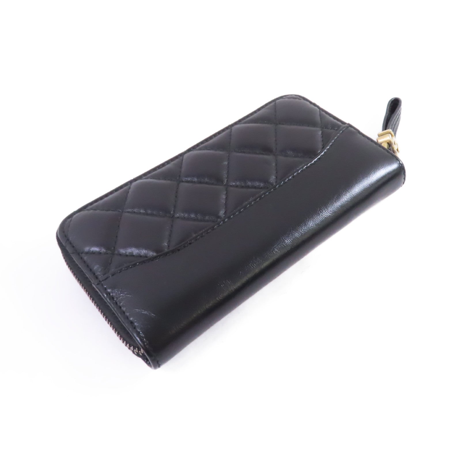 CHANEL 羊皮皮革Zipper Wallet金扣短錢包黑色