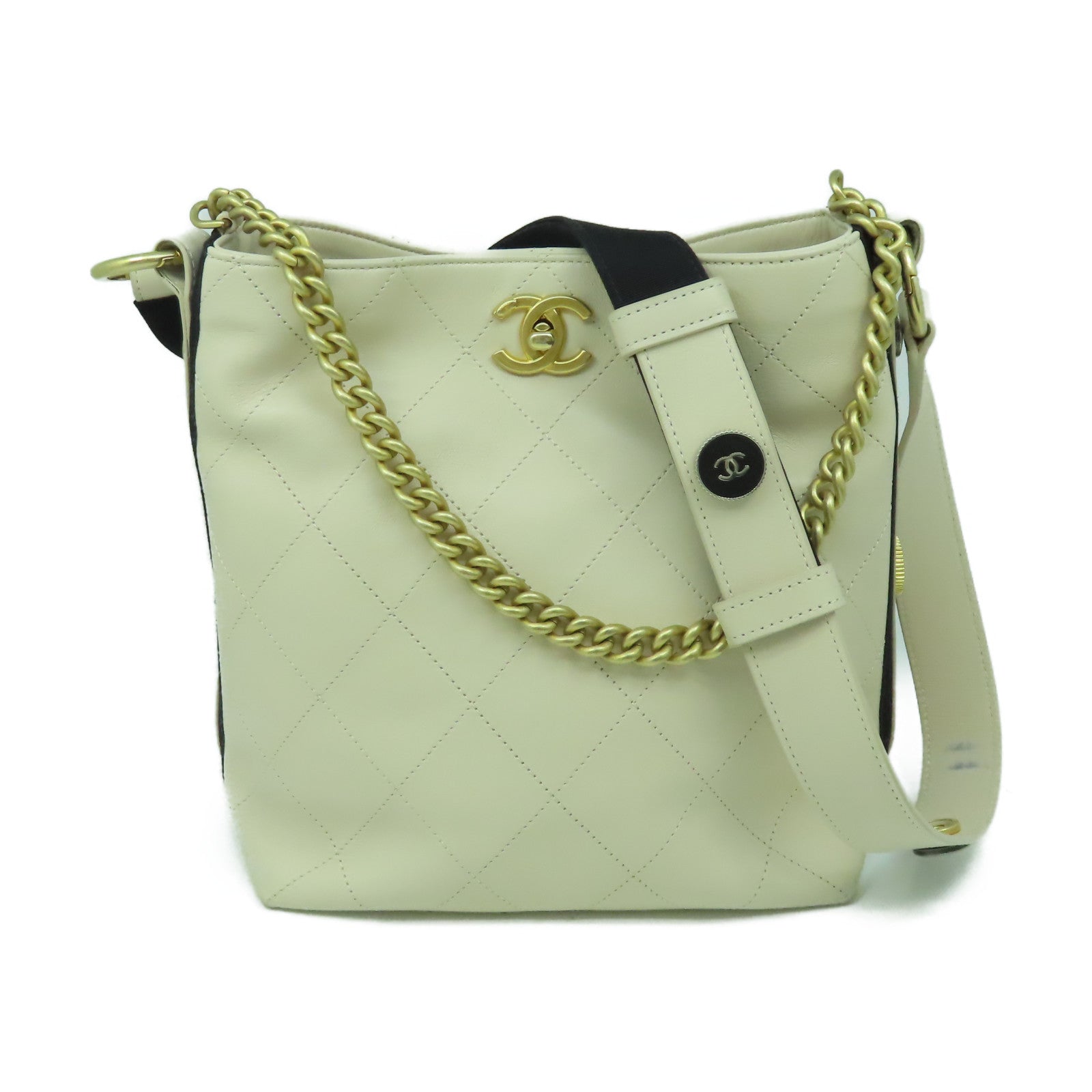 CHANEL 【激減優惠】菱格牛皮皮革Shoulder Bag金扣肩背袋米色