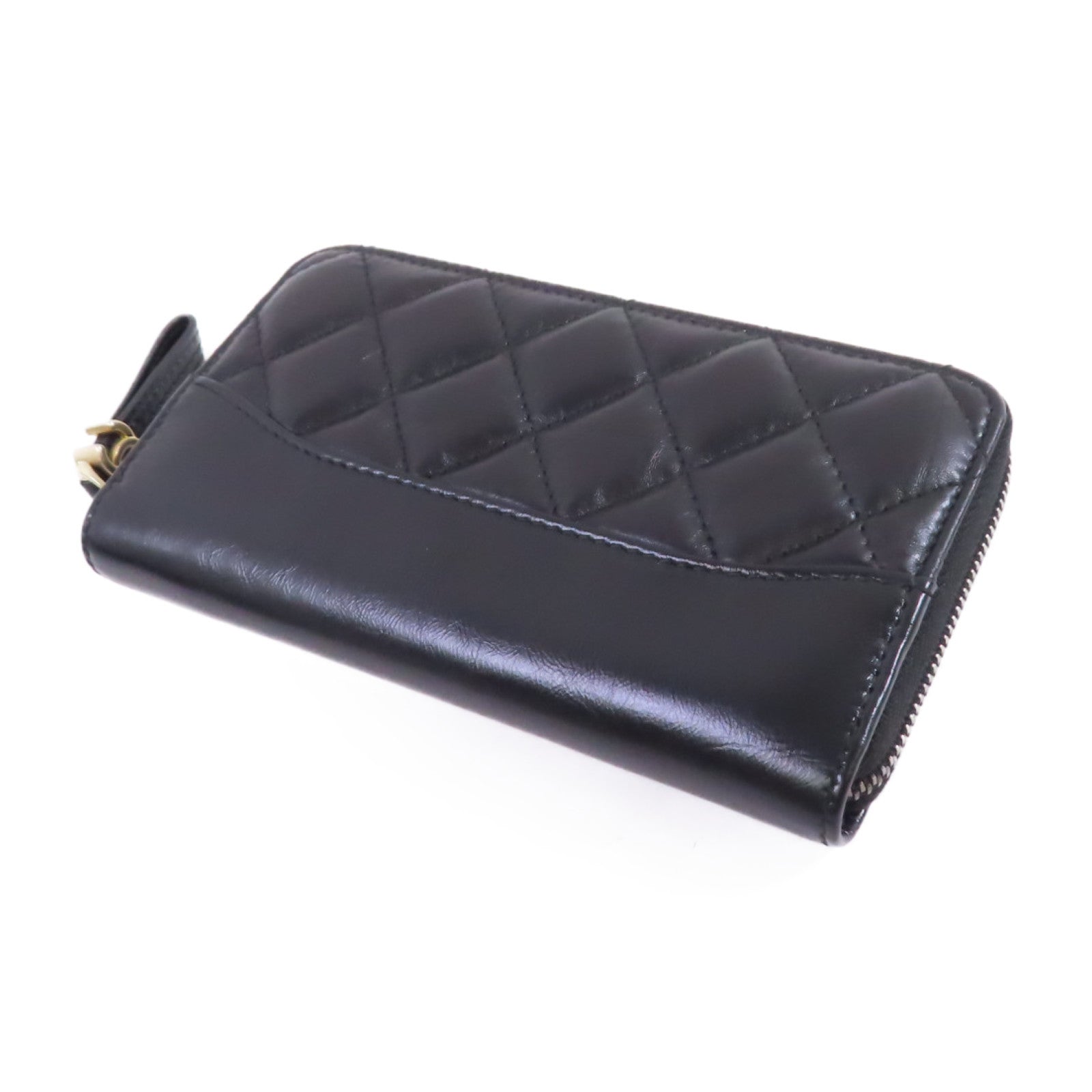 CHANEL 羊皮皮革Zipper Wallet金扣短錢包黑色