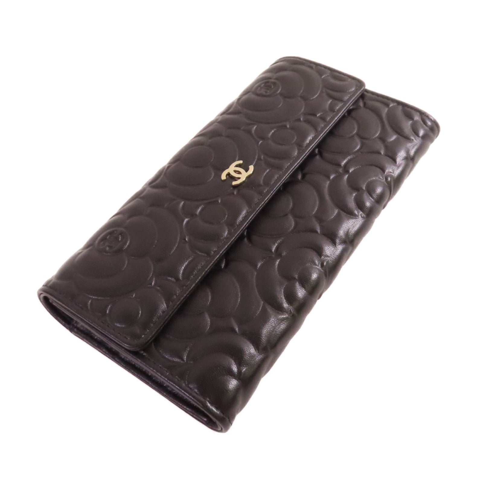 CHANEL 羊皮皮革Camellia Long Wallet金扣長錢包黑色