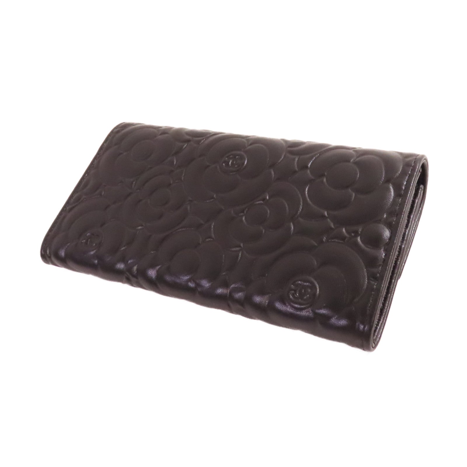 CHANEL 羊皮皮革Camellia Long Wallet金扣長錢包黑色