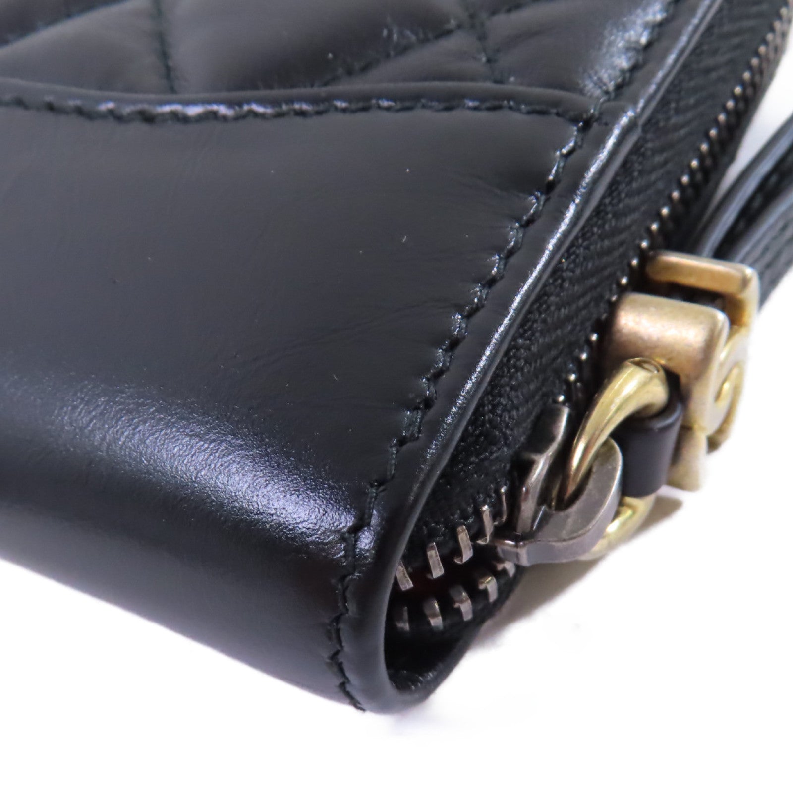 CHANEL 羊皮皮革Zipper Wallet金扣短錢包黑色