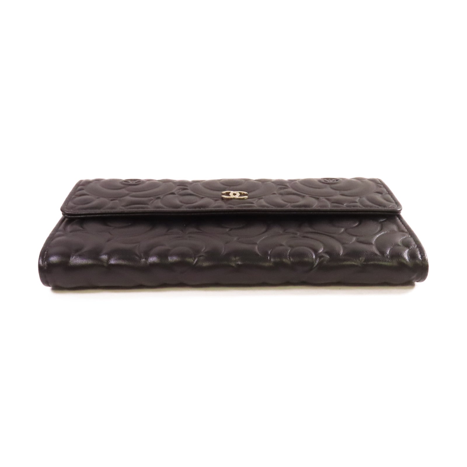 CHANEL 羊皮皮革Camellia Long Wallet金扣長錢包黑色