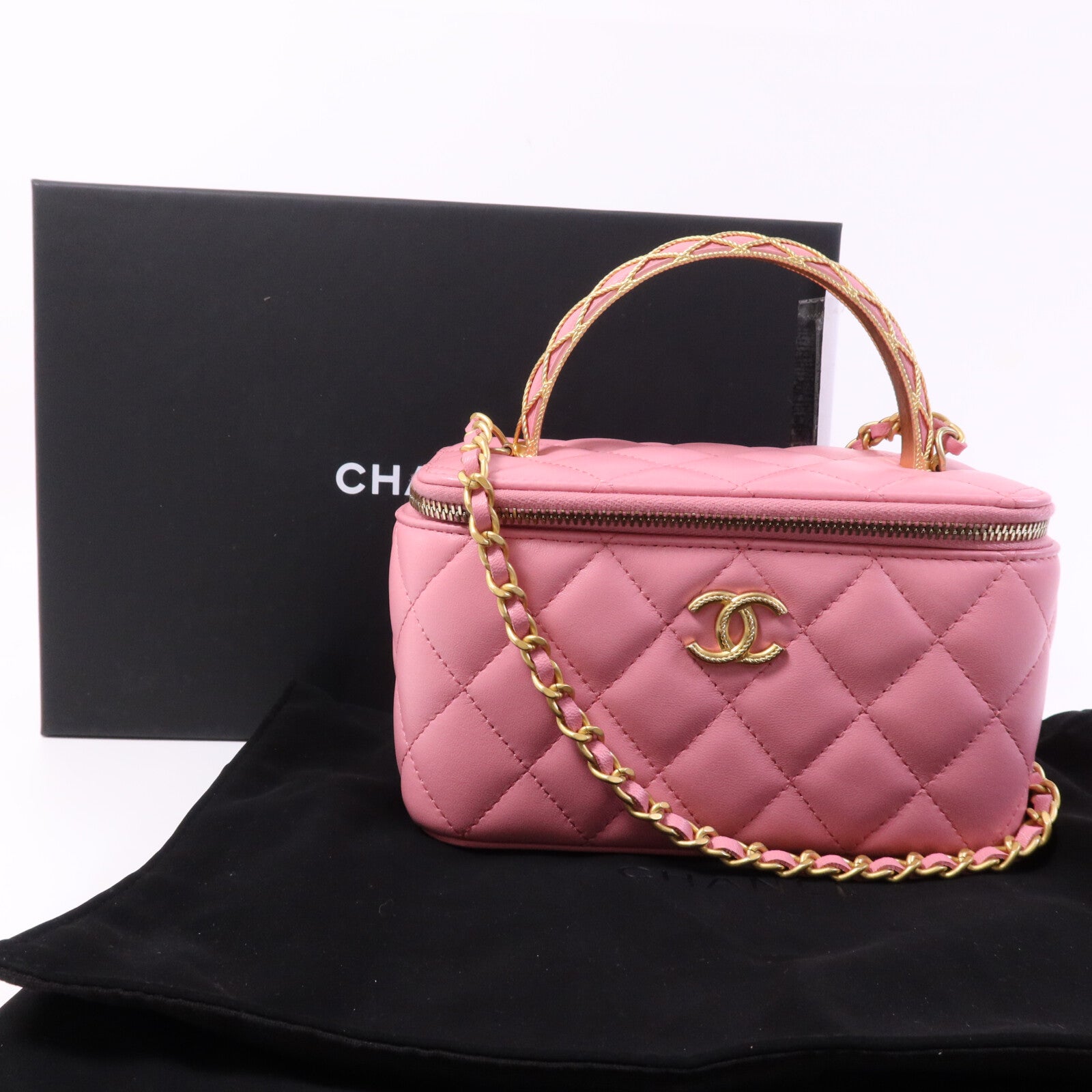 CHANEL 羊皮皮革Vanity Case With Top Handle金扣鏈帶肩背袋