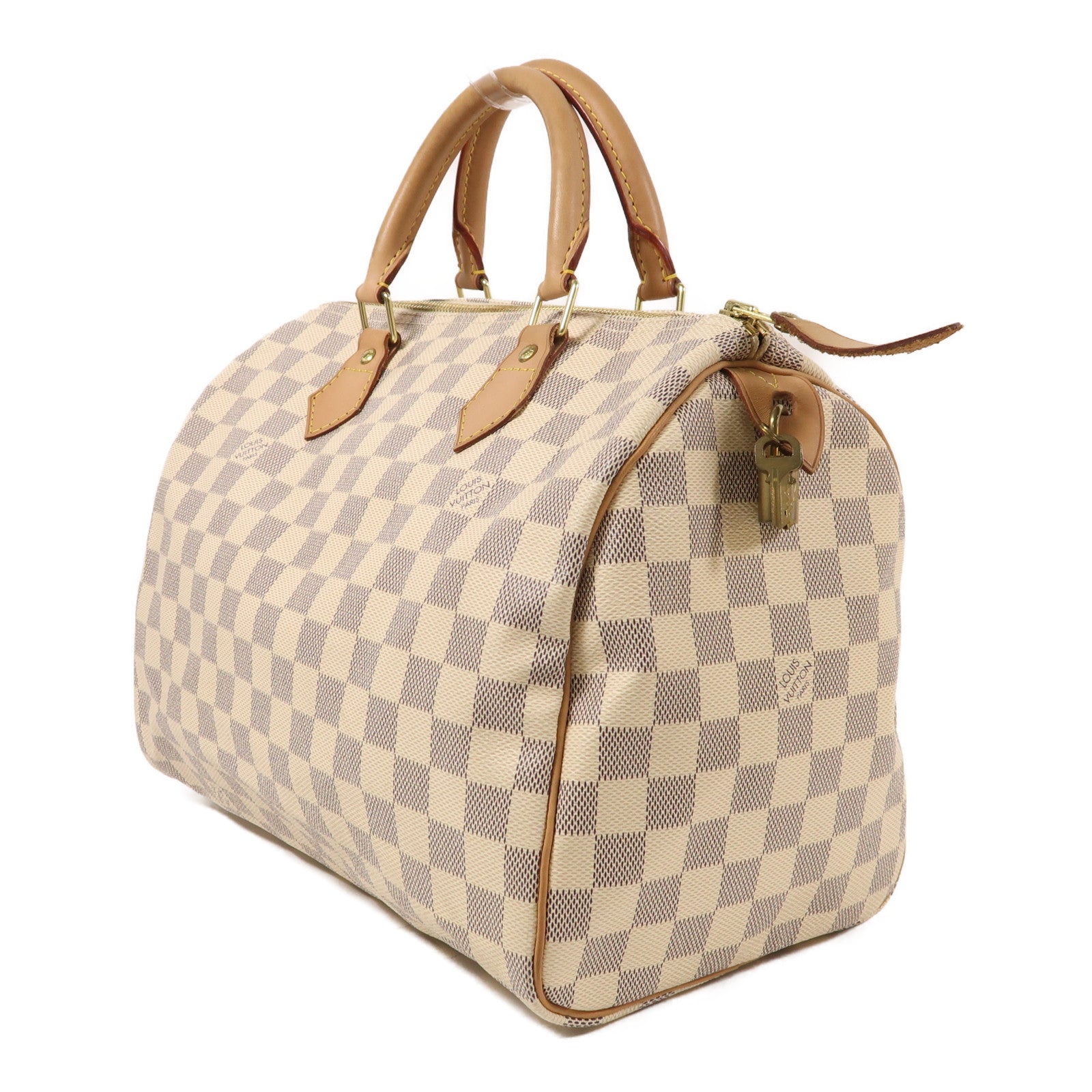LOUIS VUITTON Damier Azur Speedy 30金扣手挽袋白色