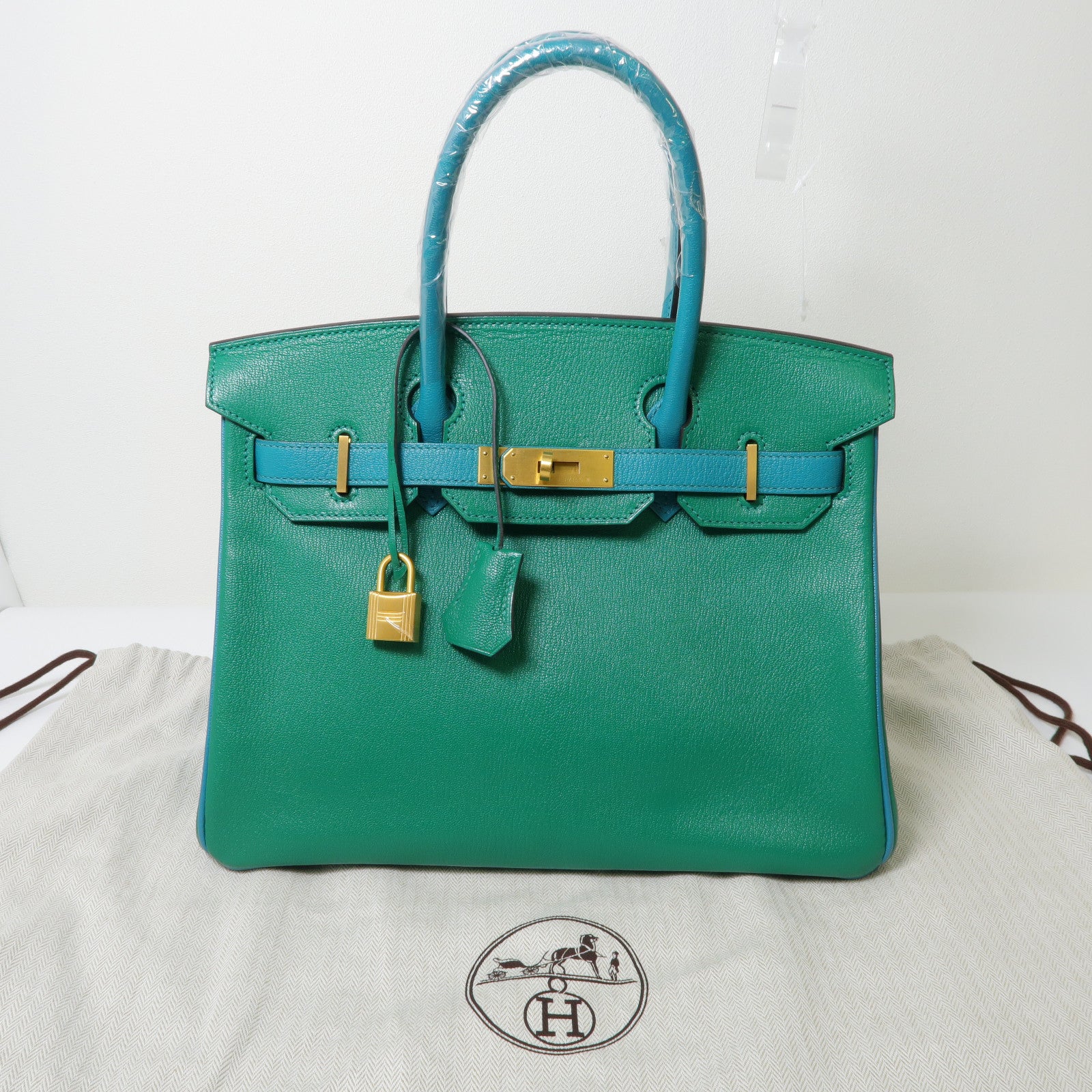 HERMES Chevre皮革Birkin 30(Special Order)金扣手挽袋薄荷綠色/孔雀綠色