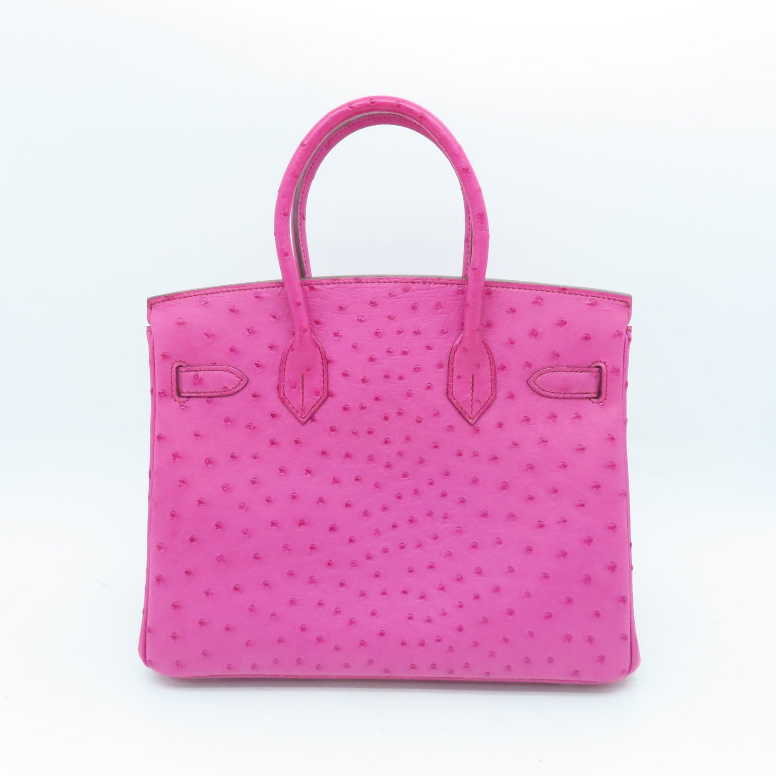 HERMES Ostrich Leather Birkin 30 Silver Buckle Hand Bag Fuchsia
