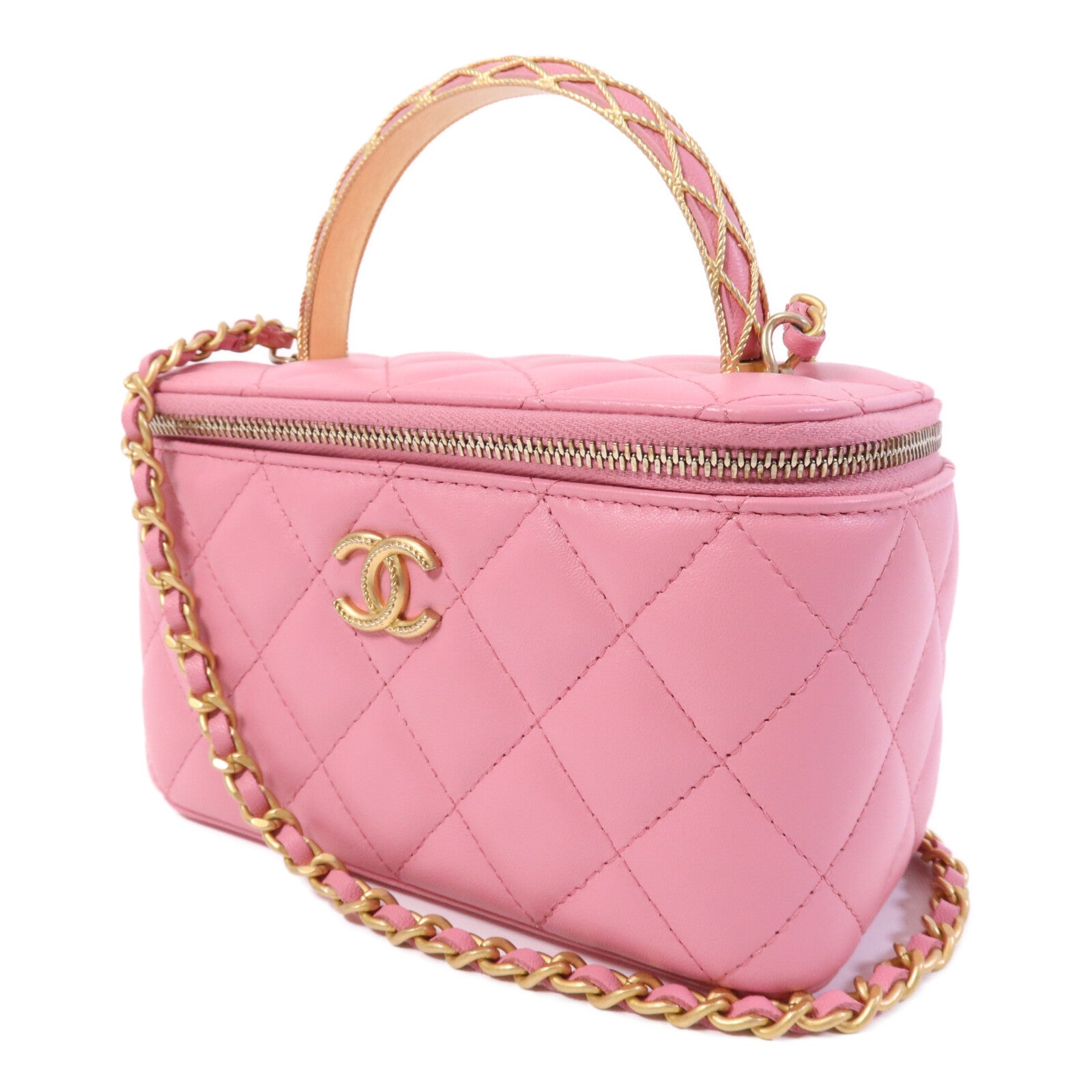CHANEL 羊皮皮革Vanity Case With Top Handle金扣鏈帶肩背袋