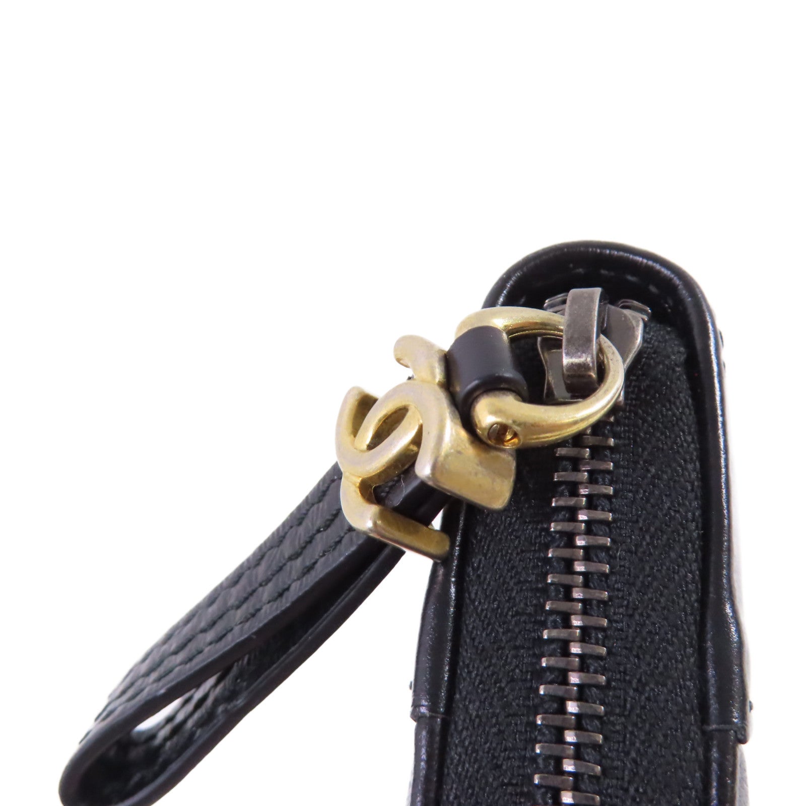 CHANEL 羊皮皮革Zipper Wallet金扣短錢包黑色