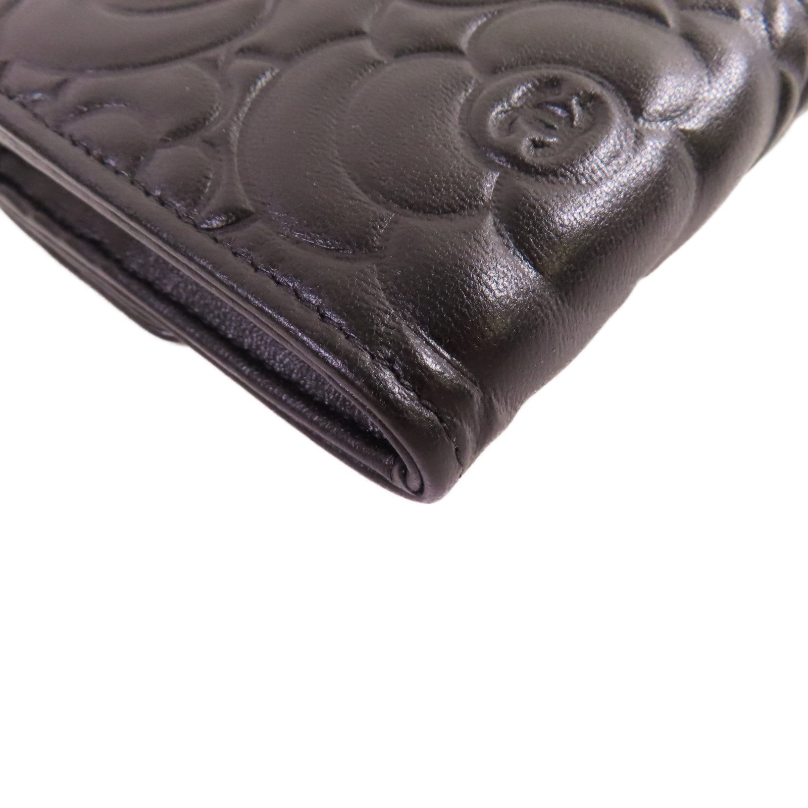 CHANEL 羊皮皮革Camellia Long Wallet金扣長錢包黑色