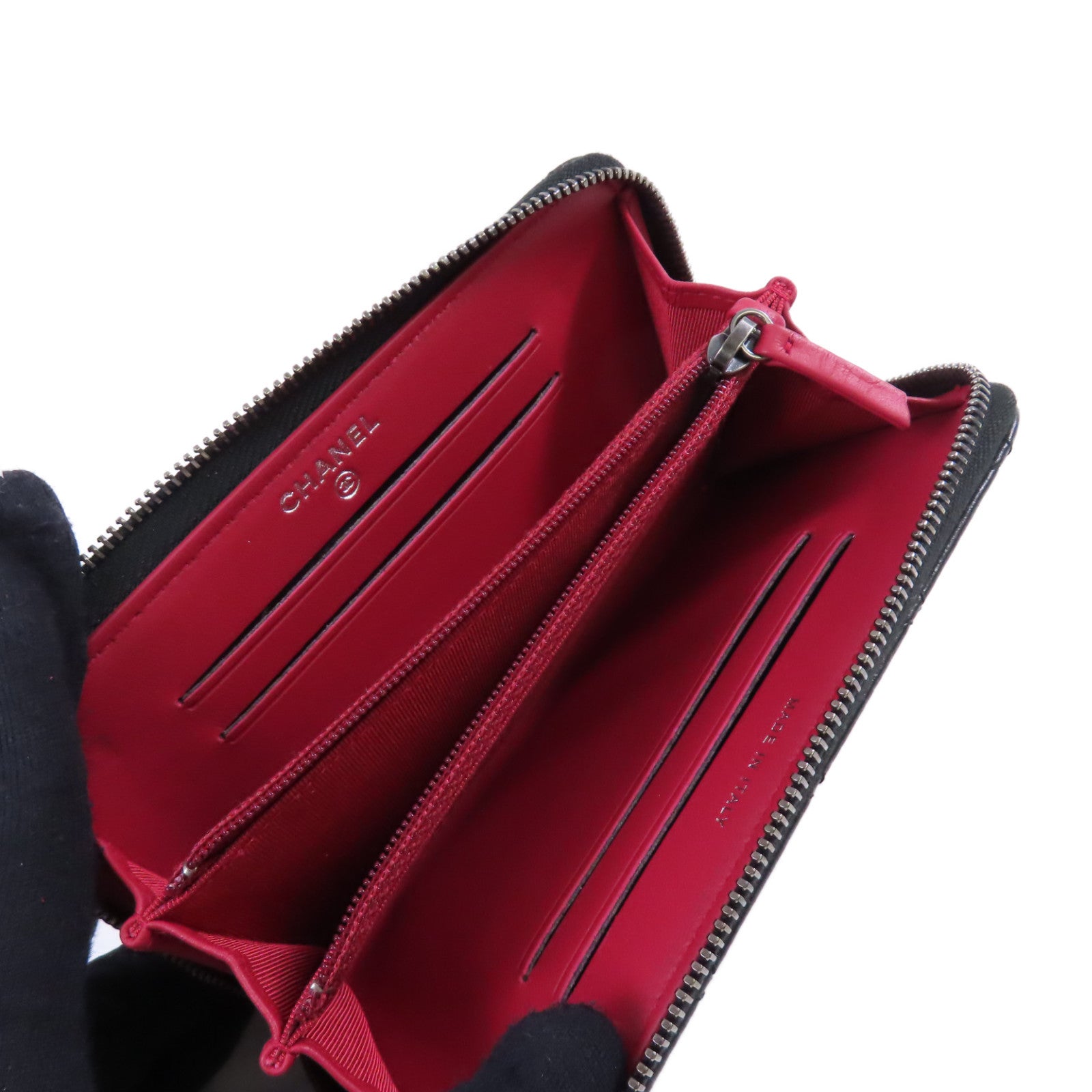 CHANEL 羊皮皮革Zipper Wallet金扣短錢包黑色
