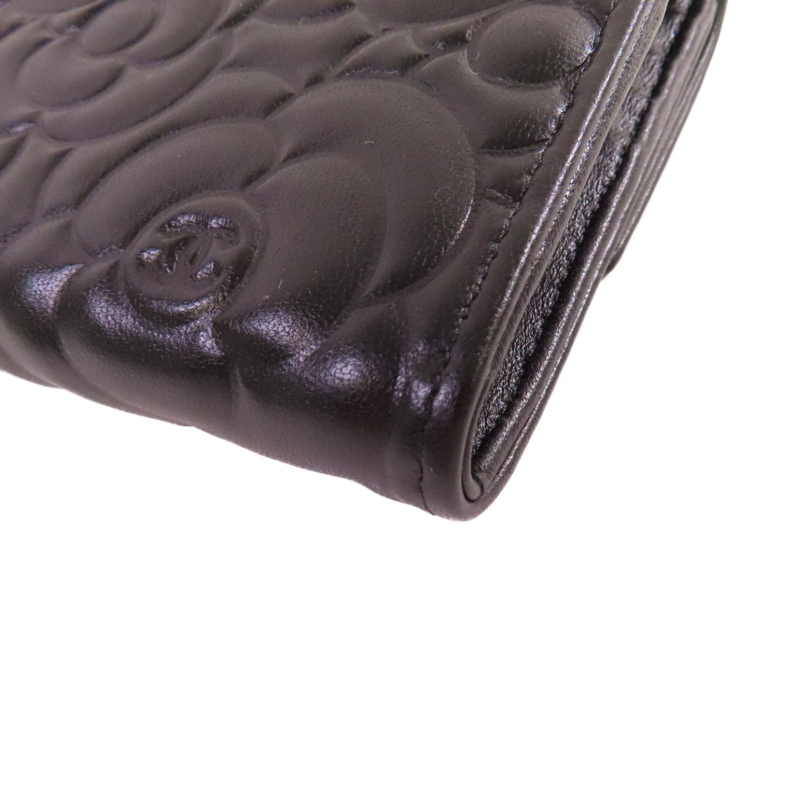 CHANEL 羊皮皮革Camellia Long Wallet金扣長錢包黑色