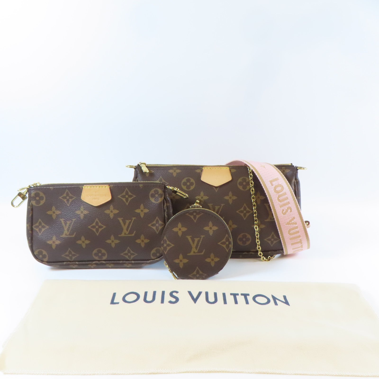 LOUIS VUITTON 【清倉大減價】Monogram Multi Pochette Accessoires金扣手挽肩背兩用袋啡色/粉紅色