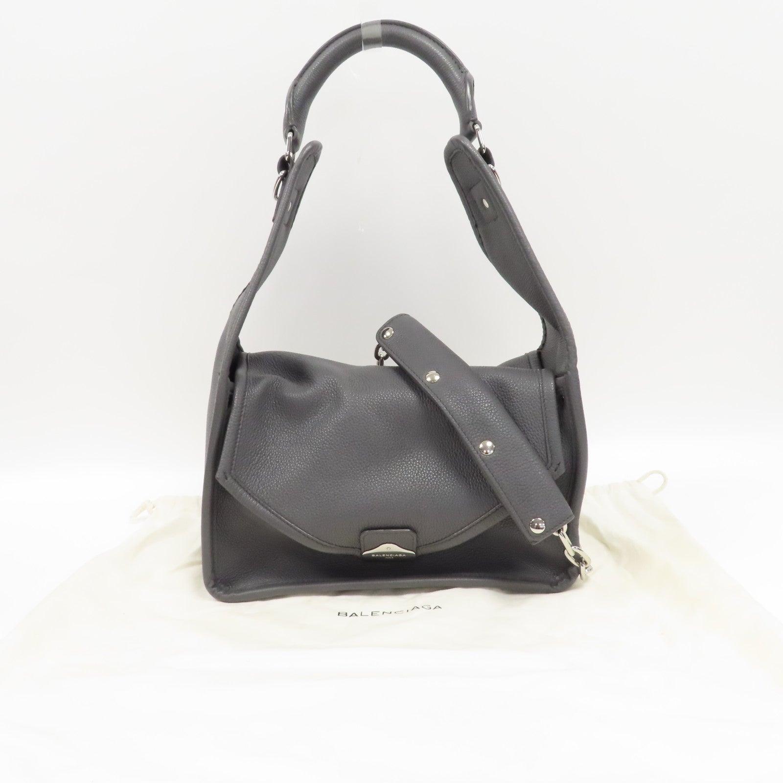 BALENCIAGA 【激減優惠】牛皮皮革2 Way Shoulder銀扣手挽肩背兩用袋灰色