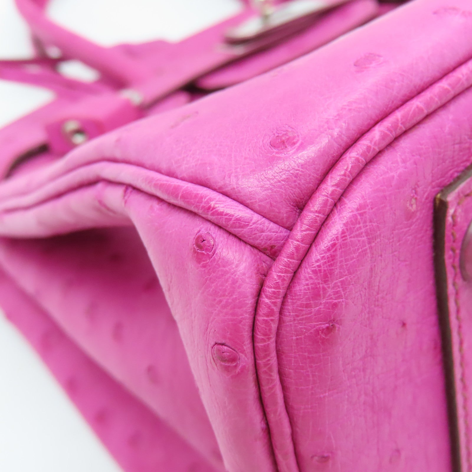 HERMES Ostrich Leather Birkin 30 Silver Buckle Hand Bag Fuchsia