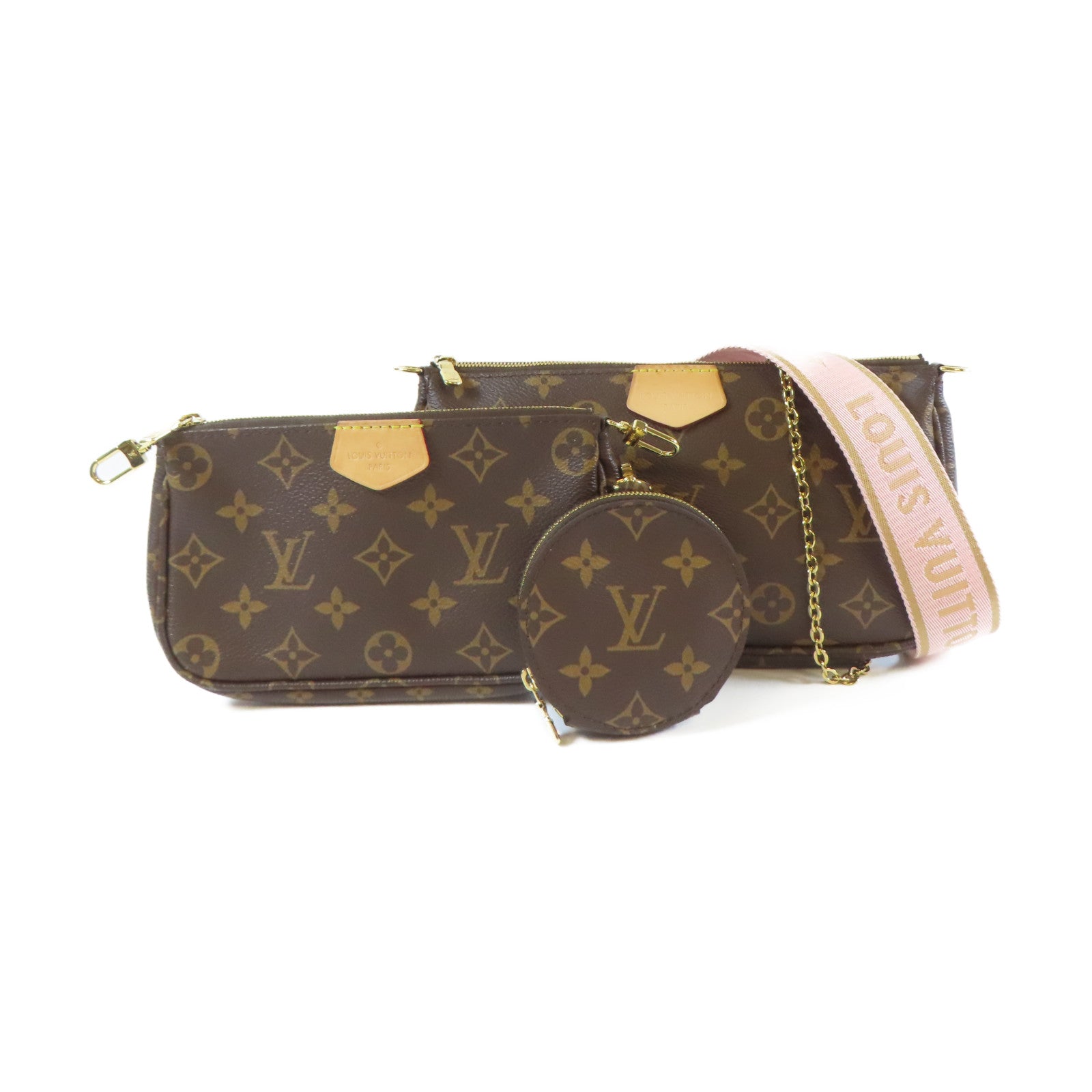 LOUIS VUITTON 【清倉大減價】Monogram Multi Pochette Accessoires金扣手挽肩背兩用袋啡色/粉紅色