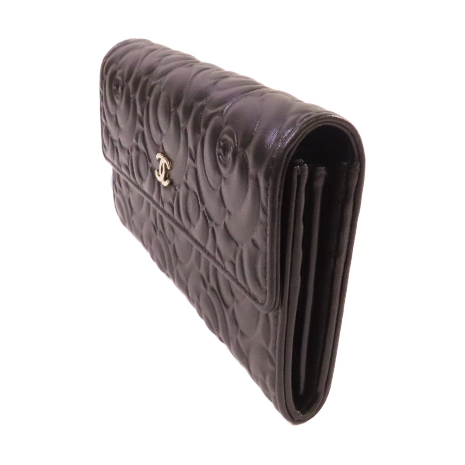 CHANEL 羊皮皮革Camellia Long Wallet金扣長錢包黑色