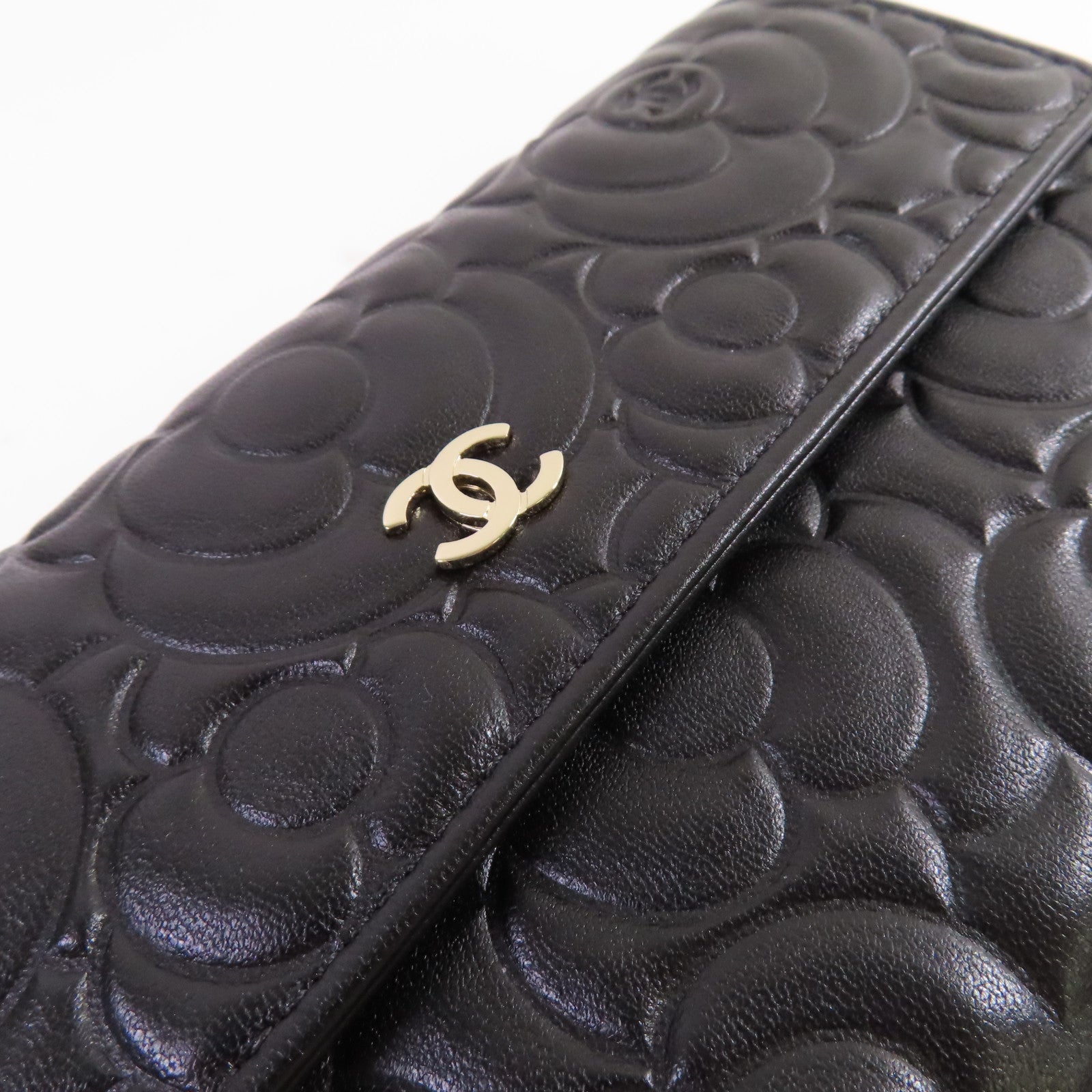 CHANEL 羊皮皮革Camellia Long Wallet金扣長錢包黑色