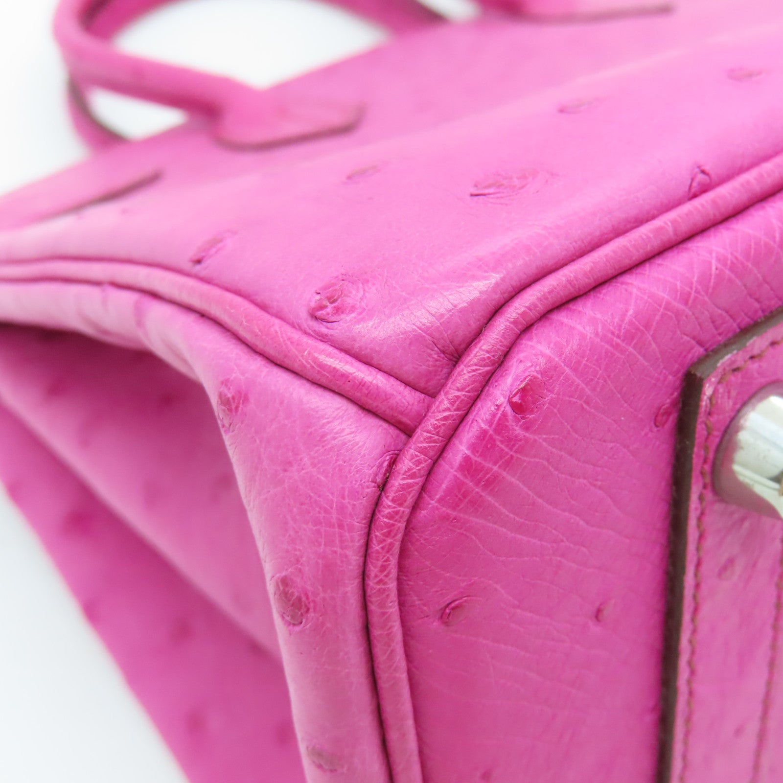 HERMES Ostrich Leather Birkin 30 Silver Buckle Hand Bag Fuchsia