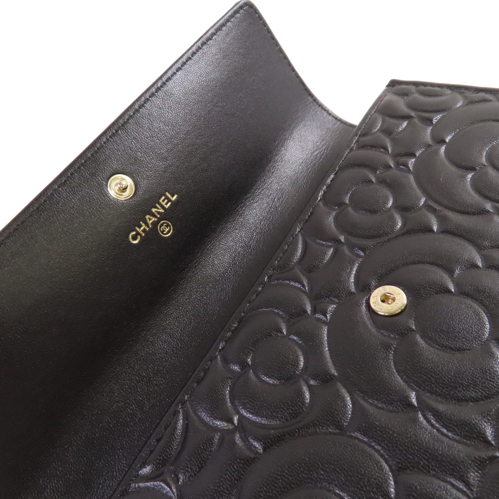 CHANEL 羊皮皮革Camellia Long Wallet金扣長錢包黑色
