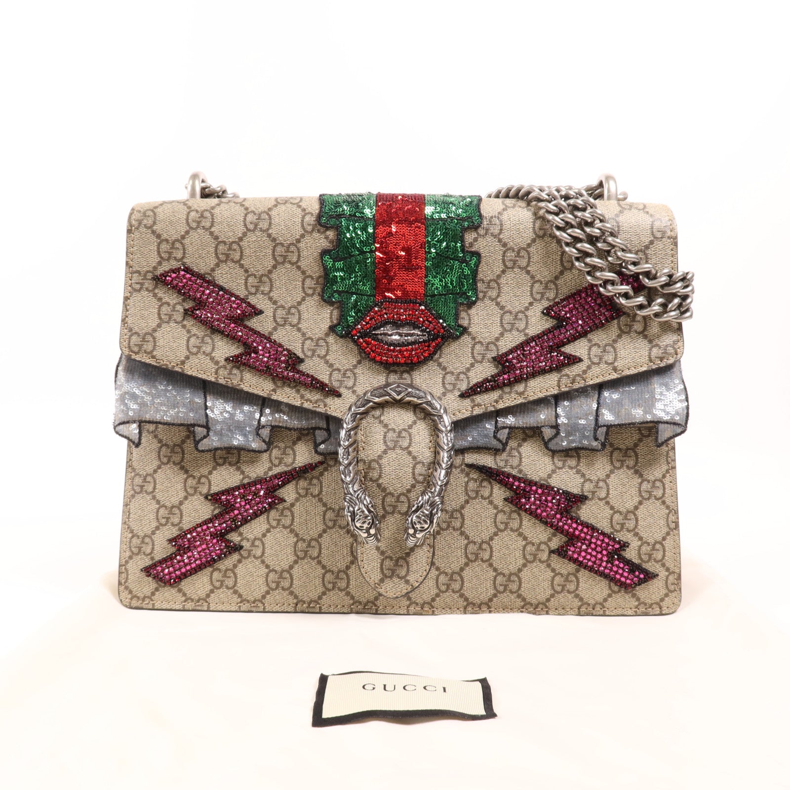 GUCCI 塗層帆布Dionysus Bloom銀扣鏈帶肩背袋