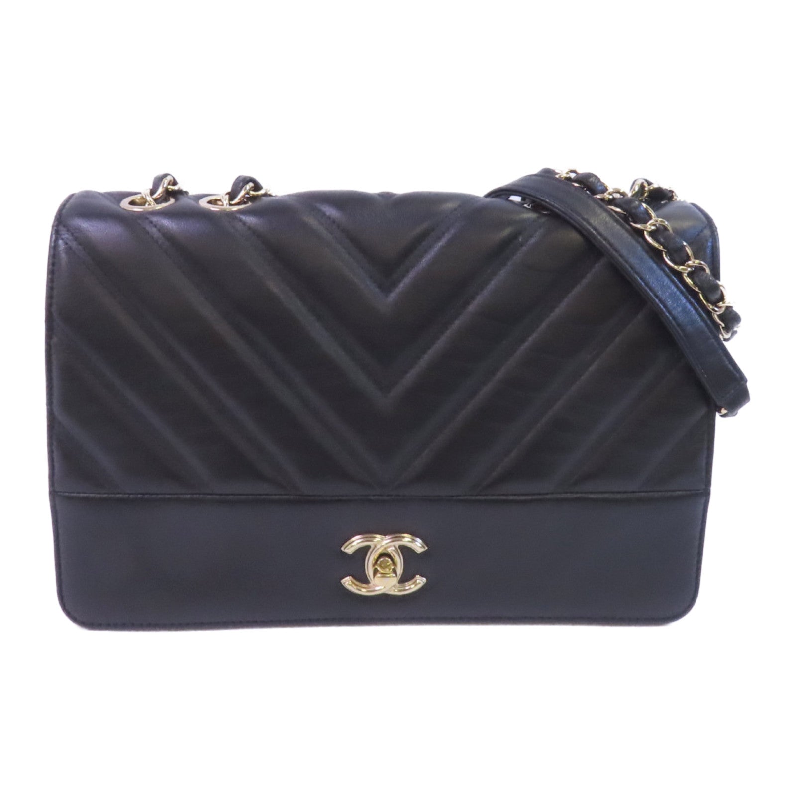 CHANEL 牛皮皮革Chain Shoulder金扣鏈帶肩背袋