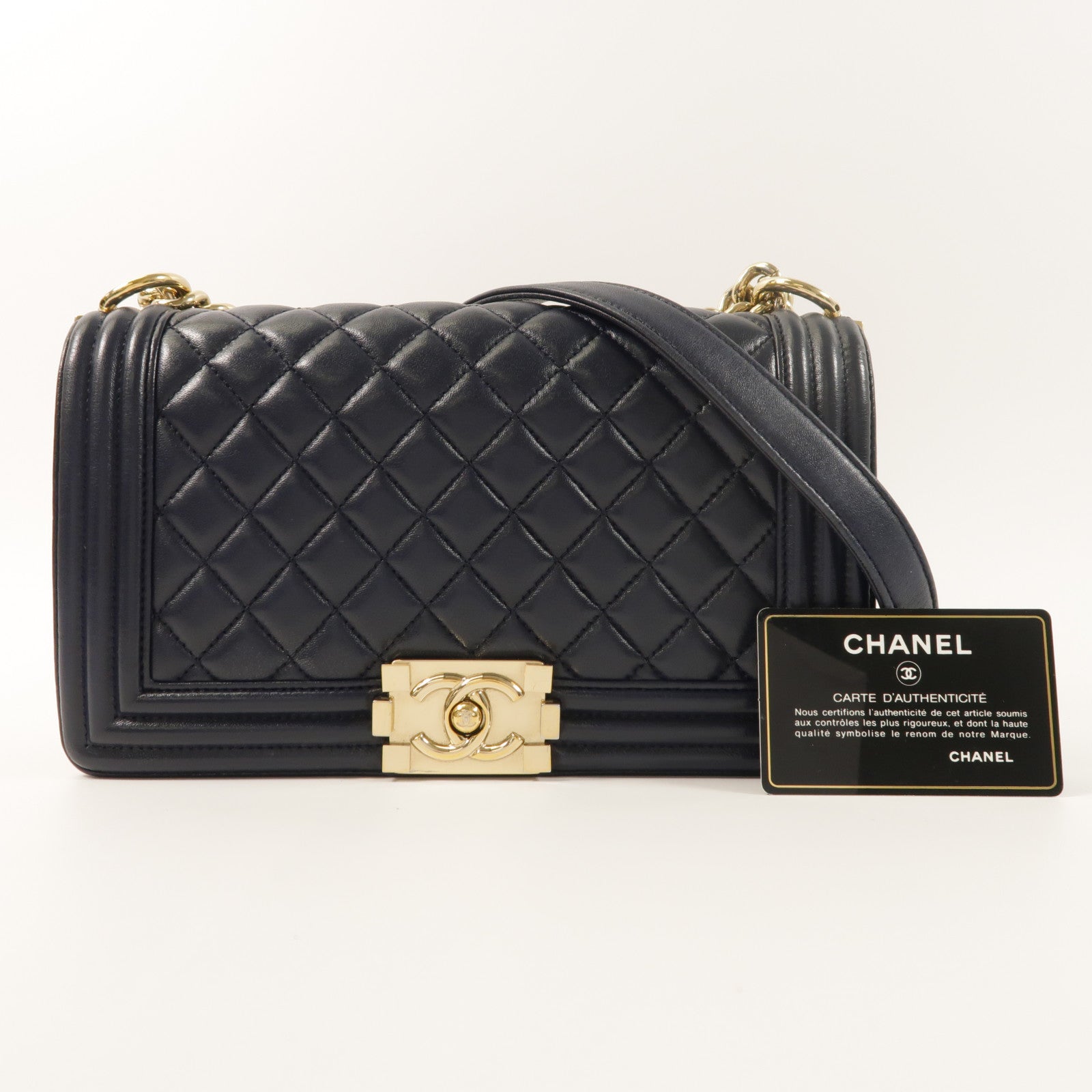 CHANEL 羊皮皮革Boy 25金扣鏈帶肩背袋