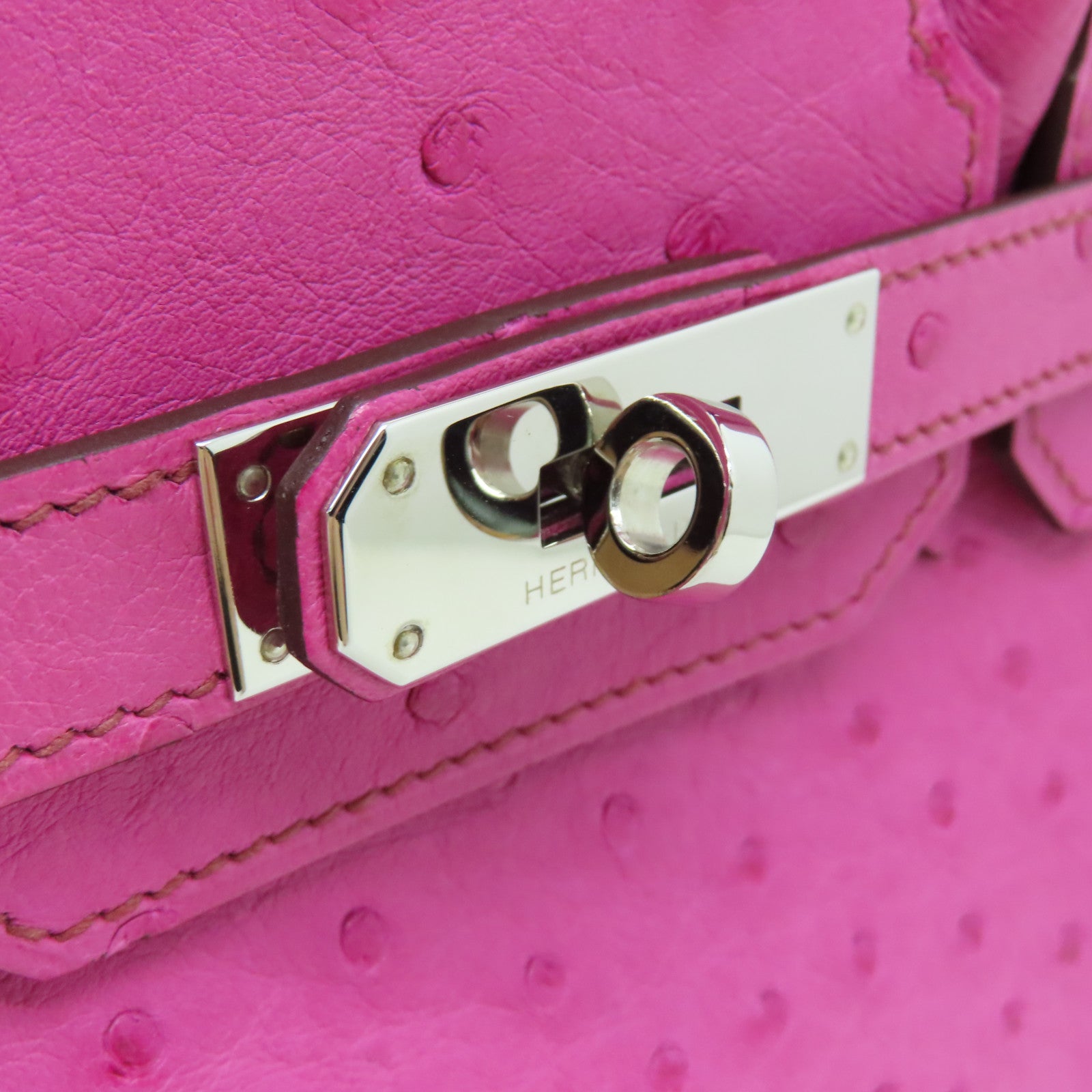 HERMES Ostrich Leather Birkin 30 Silver Buckle Hand Bag Fuchsia