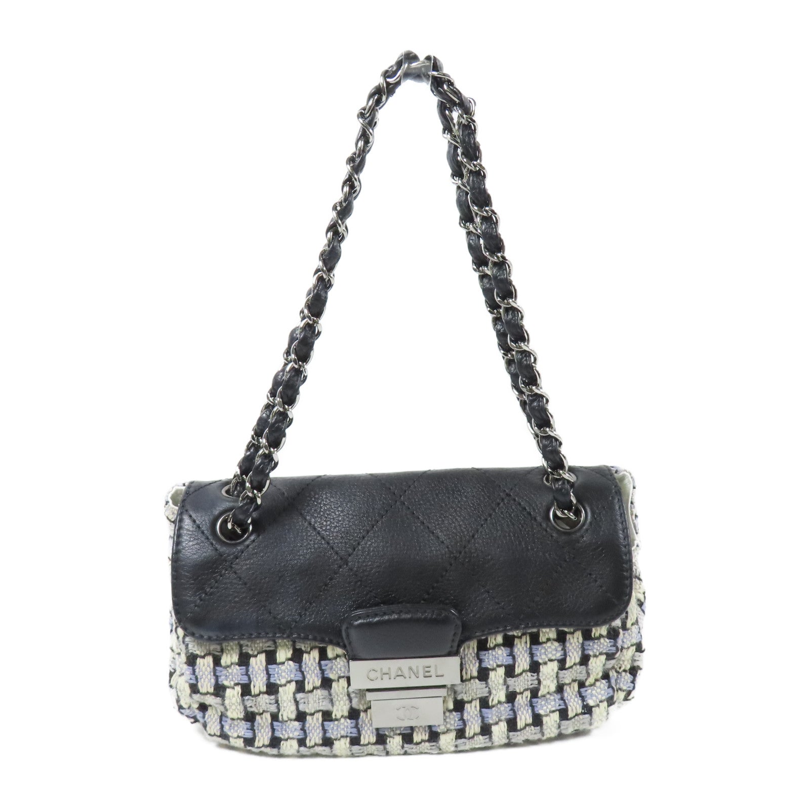 CHANEL Tweed/皮革Chain Shoulder Bag銀扣鏈帶肩背袋