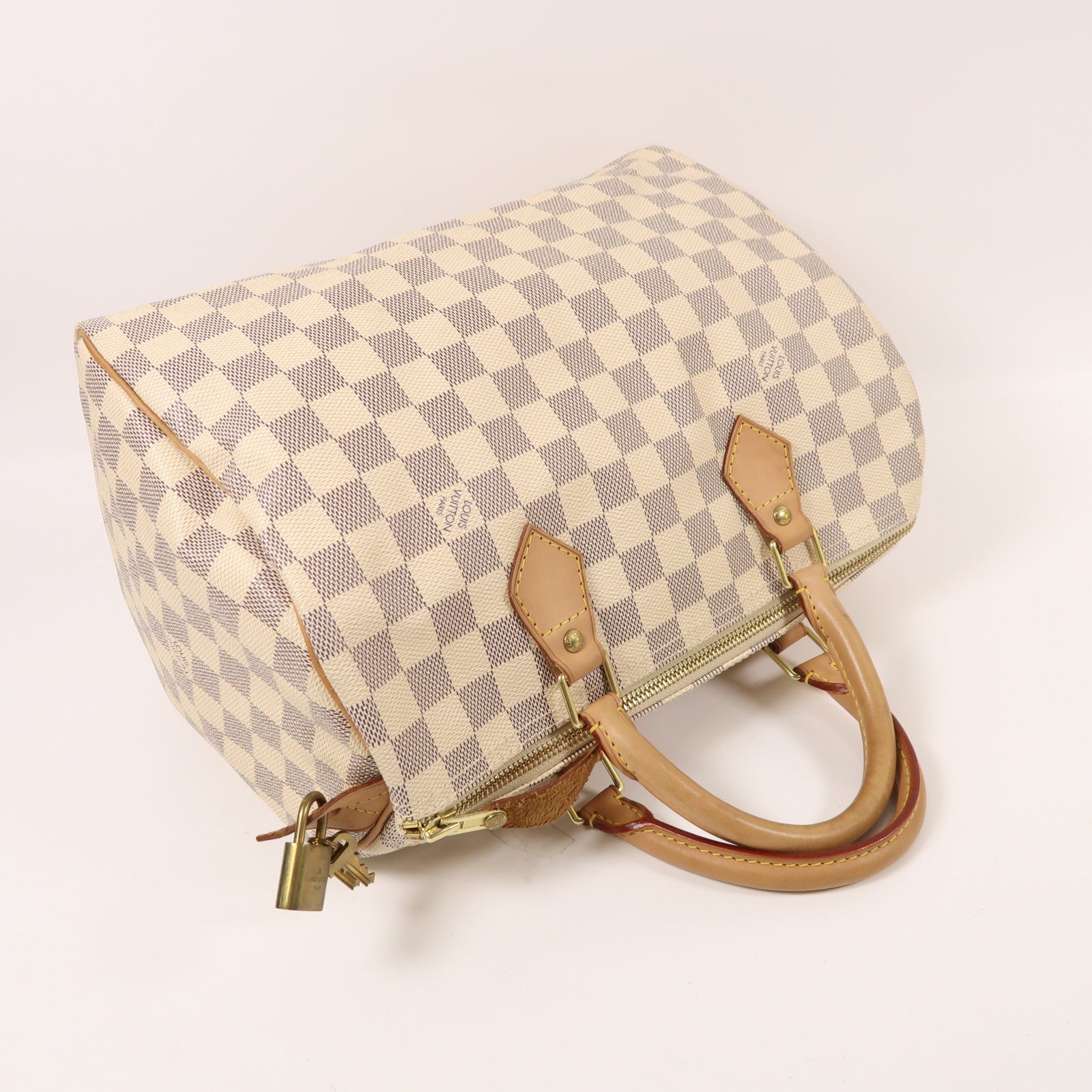 LOUIS VUITTON Damier Azur Speedy 30金扣手挽袋白色