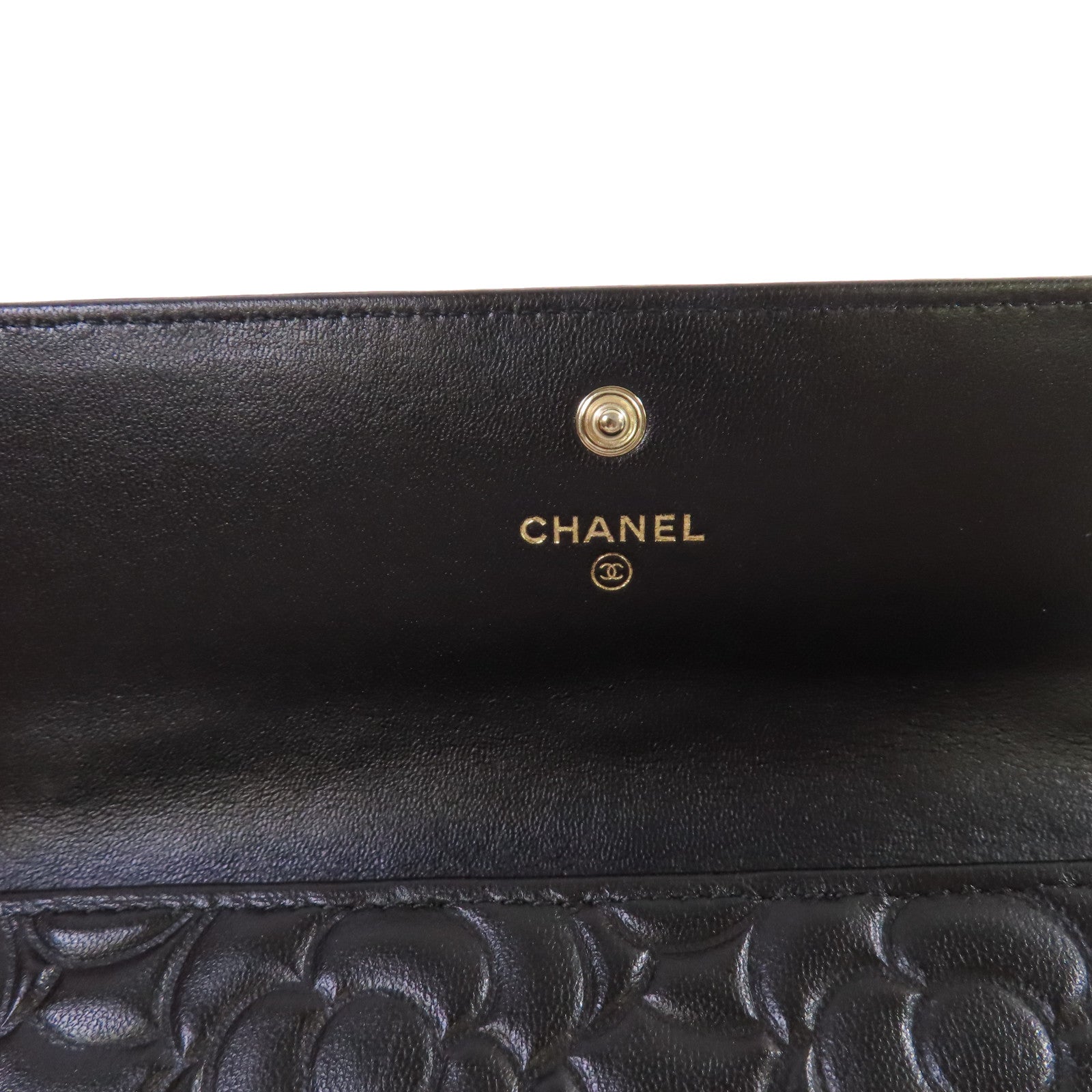 CHANEL 羊皮皮革Camellia Long Wallet金扣長錢包黑色