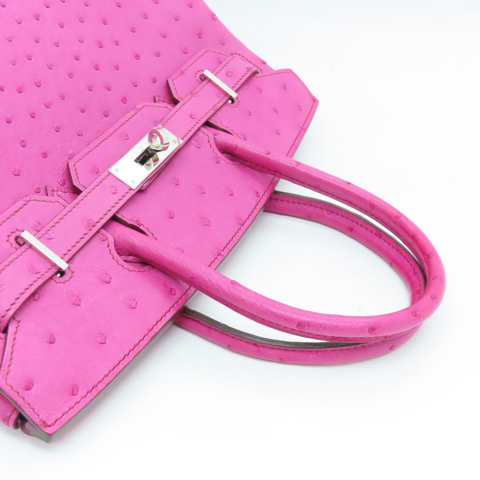 HERMES Ostrich Leather Birkin 30 Silver Buckle Hand Bag Fuchsia