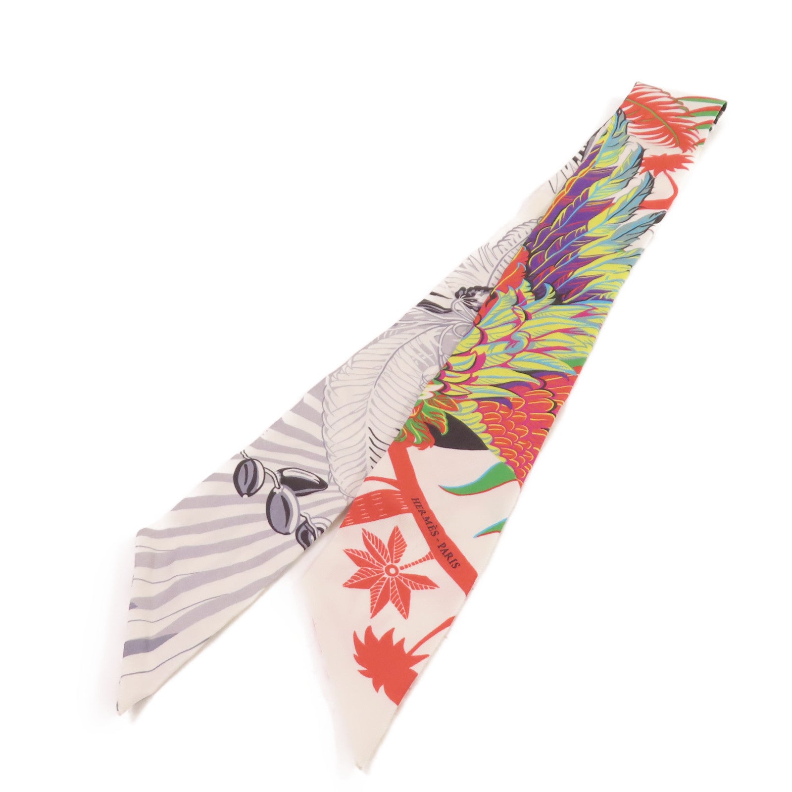HERMES 絲質Twilly Scarf絲巾白色/灰色/彩色