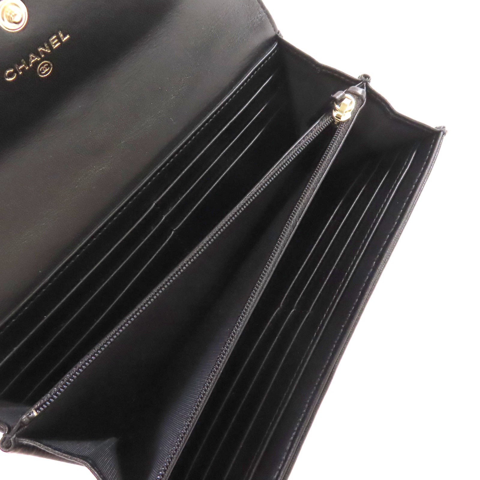 CHANEL 羊皮皮革Camellia Long Wallet金扣長錢包黑色