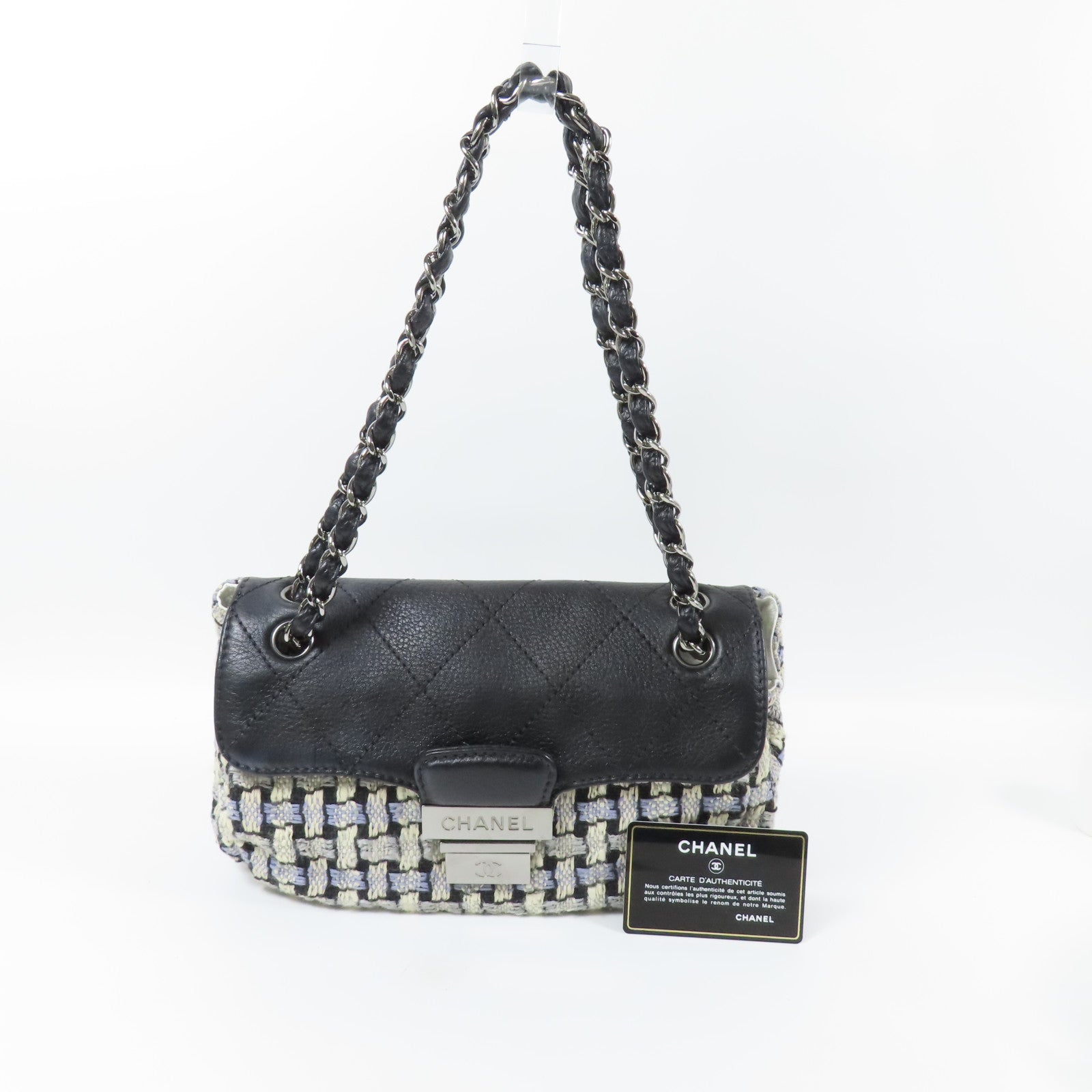 CHANEL Tweed/皮革Chain Shoulder Bag銀扣鏈帶肩背袋